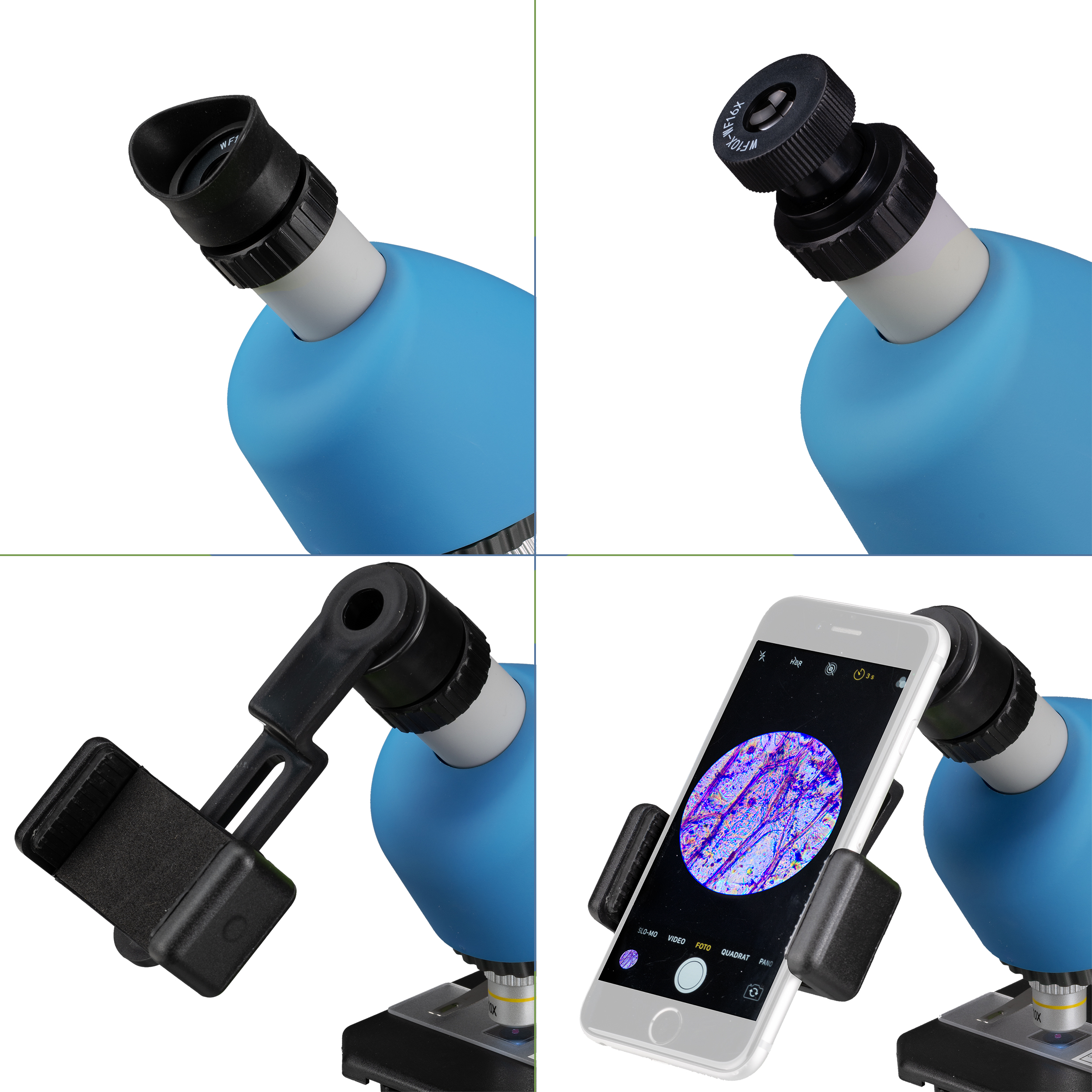 Piezas de microscopio. Vista superior de la lente, soporte y smartphone con muestra.
