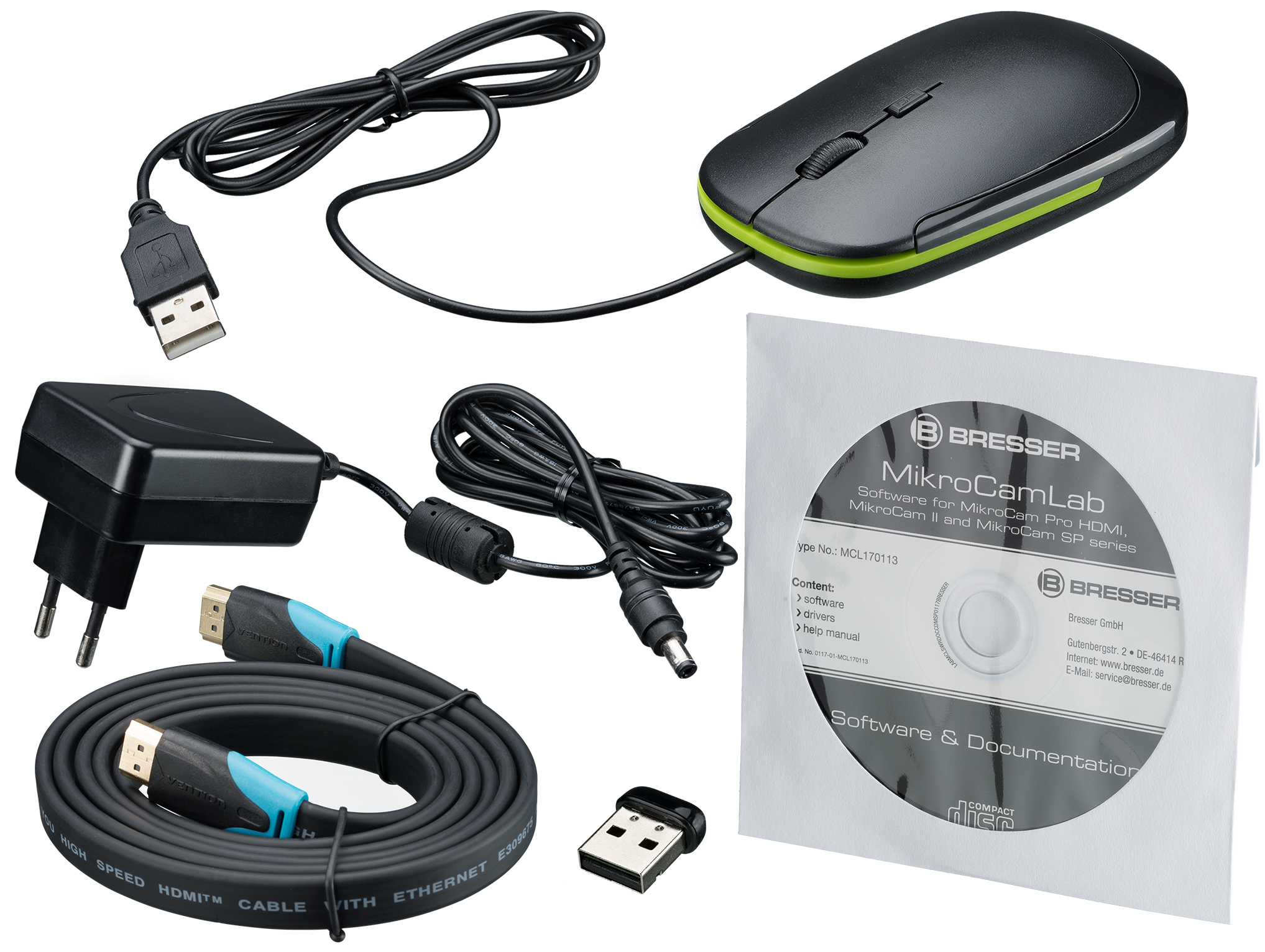 Accesorios de computadora: ratón, cables y CD.