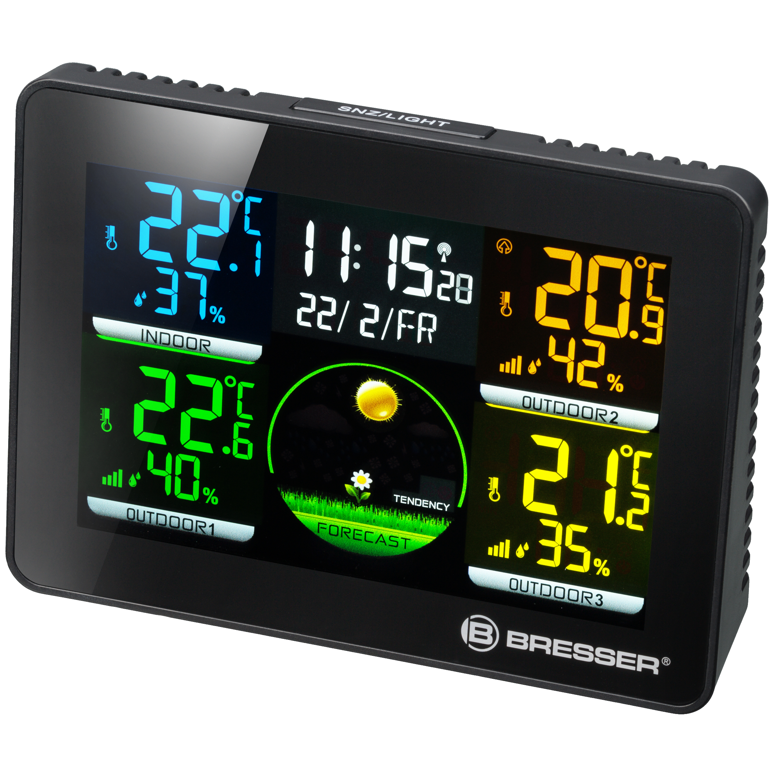 Schwarze Wetterstation mit mehreren Bildschirmen, die Temperatur, Uhrzeit und Vorhersage anzeigen.
