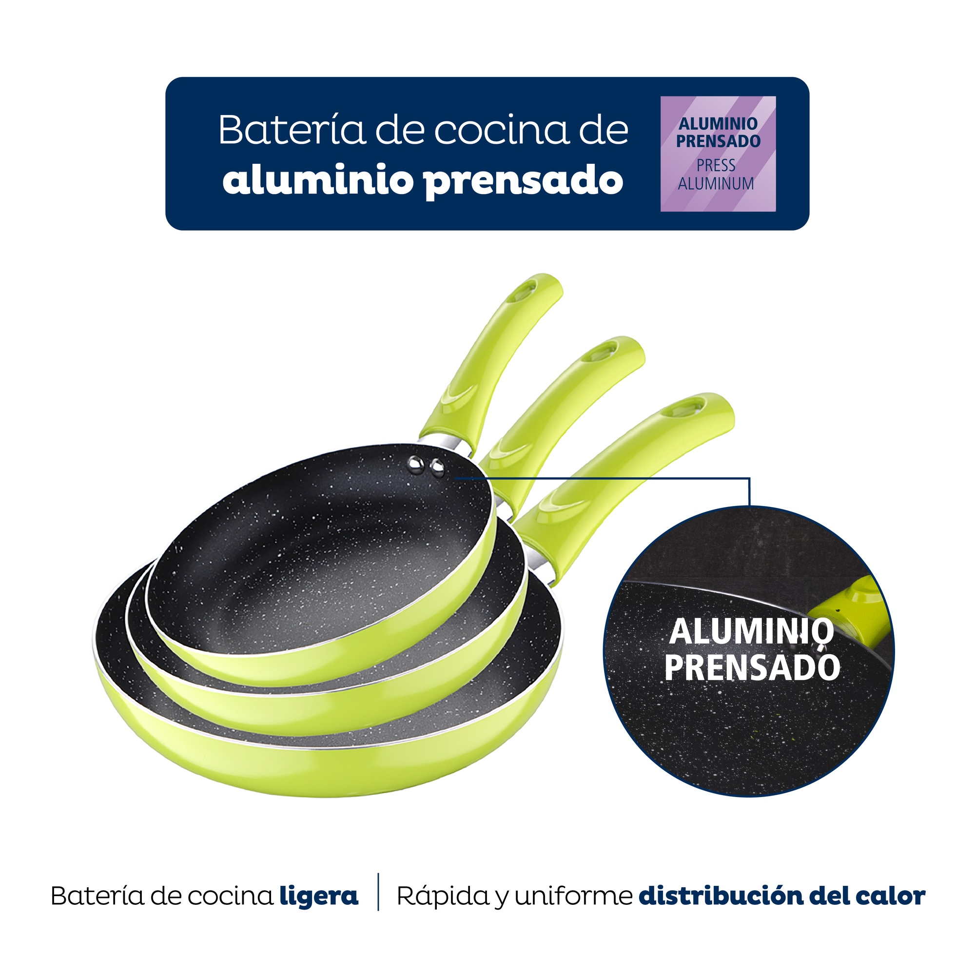Juego de sartenes con mango verde. Superficie de cocción negra. Texto indica aluminio prensado.