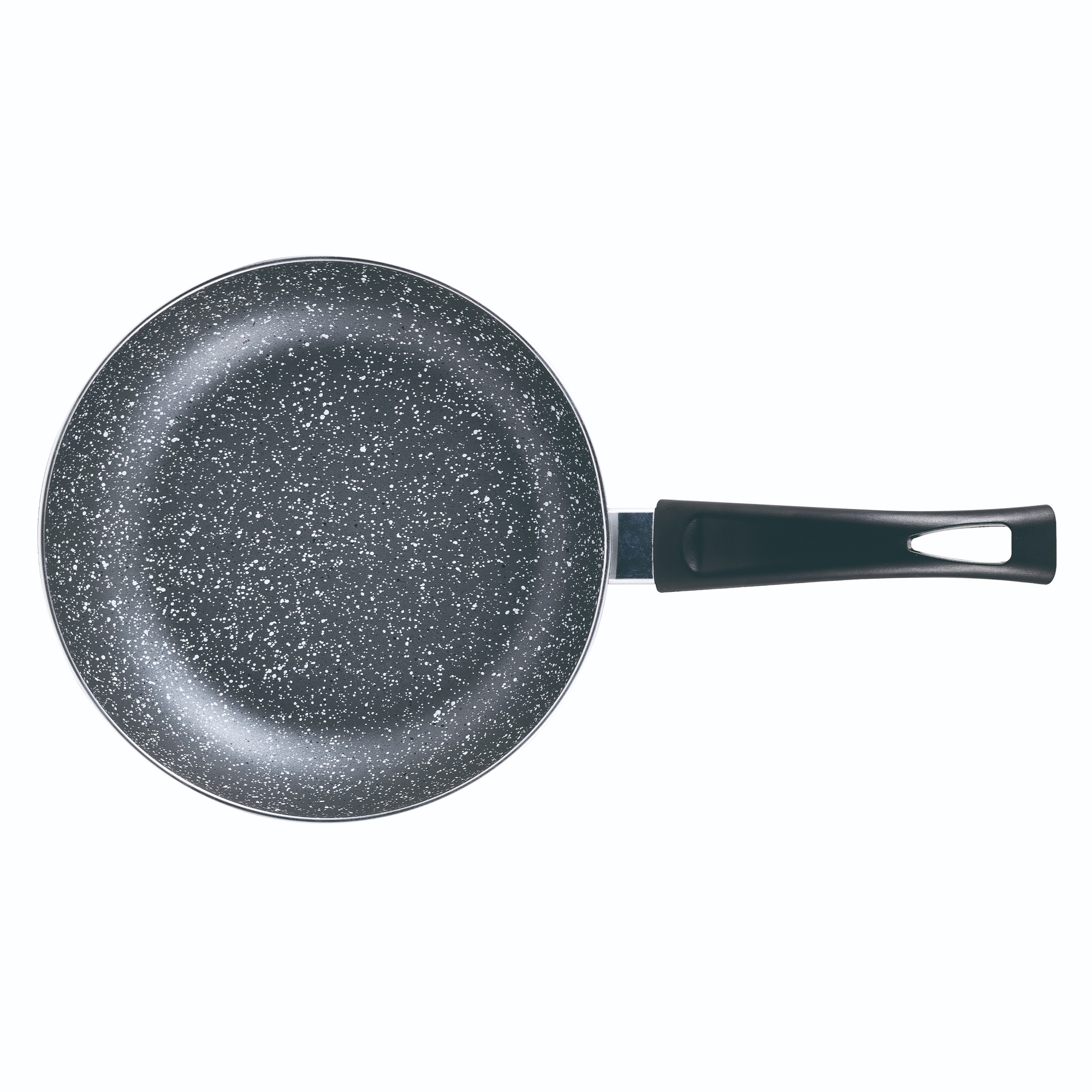 Eine runde Bratpfanne mit schwarzem Griff. Die Pfanne hat einen gesprenkelten, grauen Innenraum.