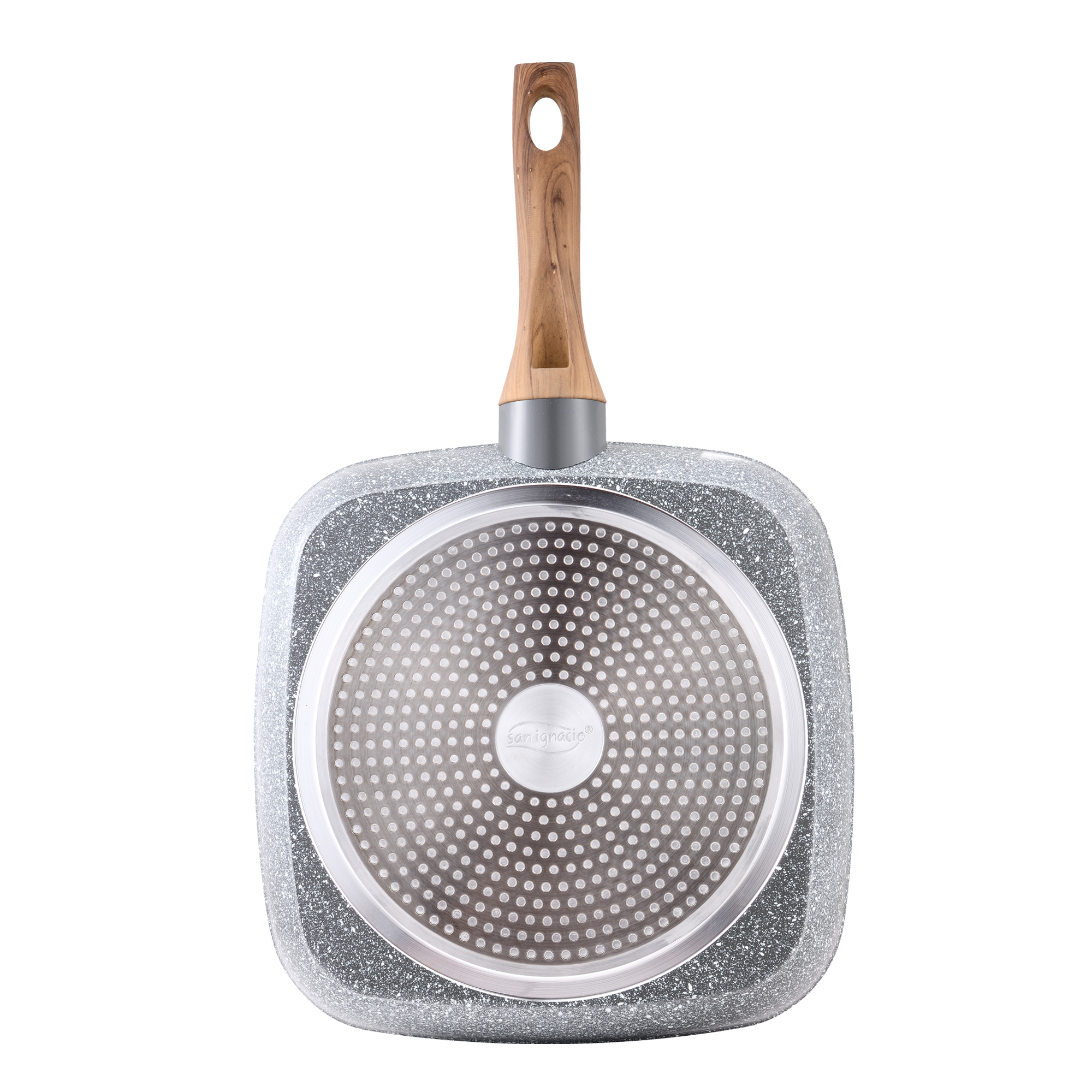 Quadratische Pfanne mit Holzgriff. Graue Oberfläche. San Ignacio Logo.