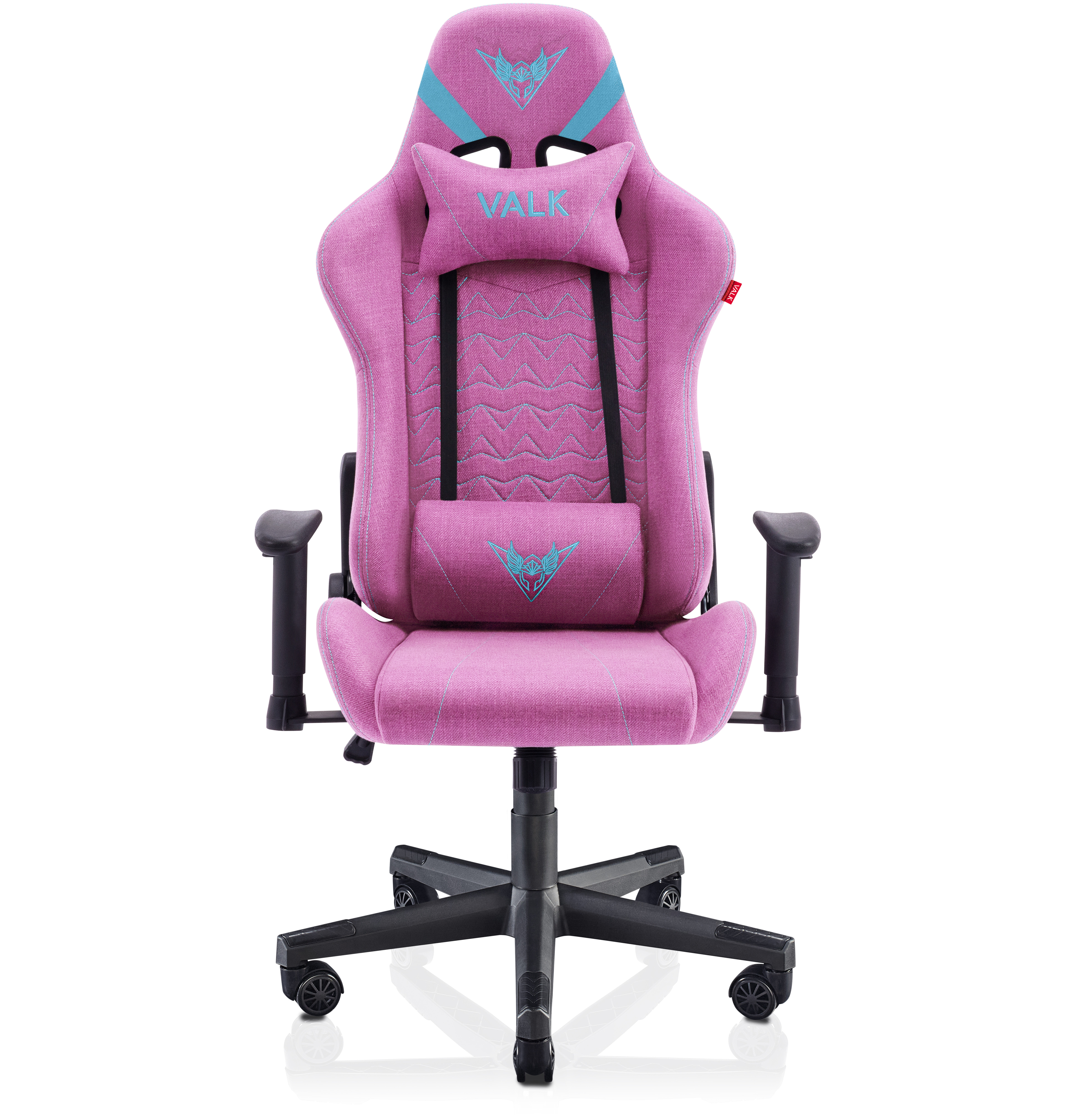 Silla gaming rosa con reposabrazos negros y almohada para la cabeza.