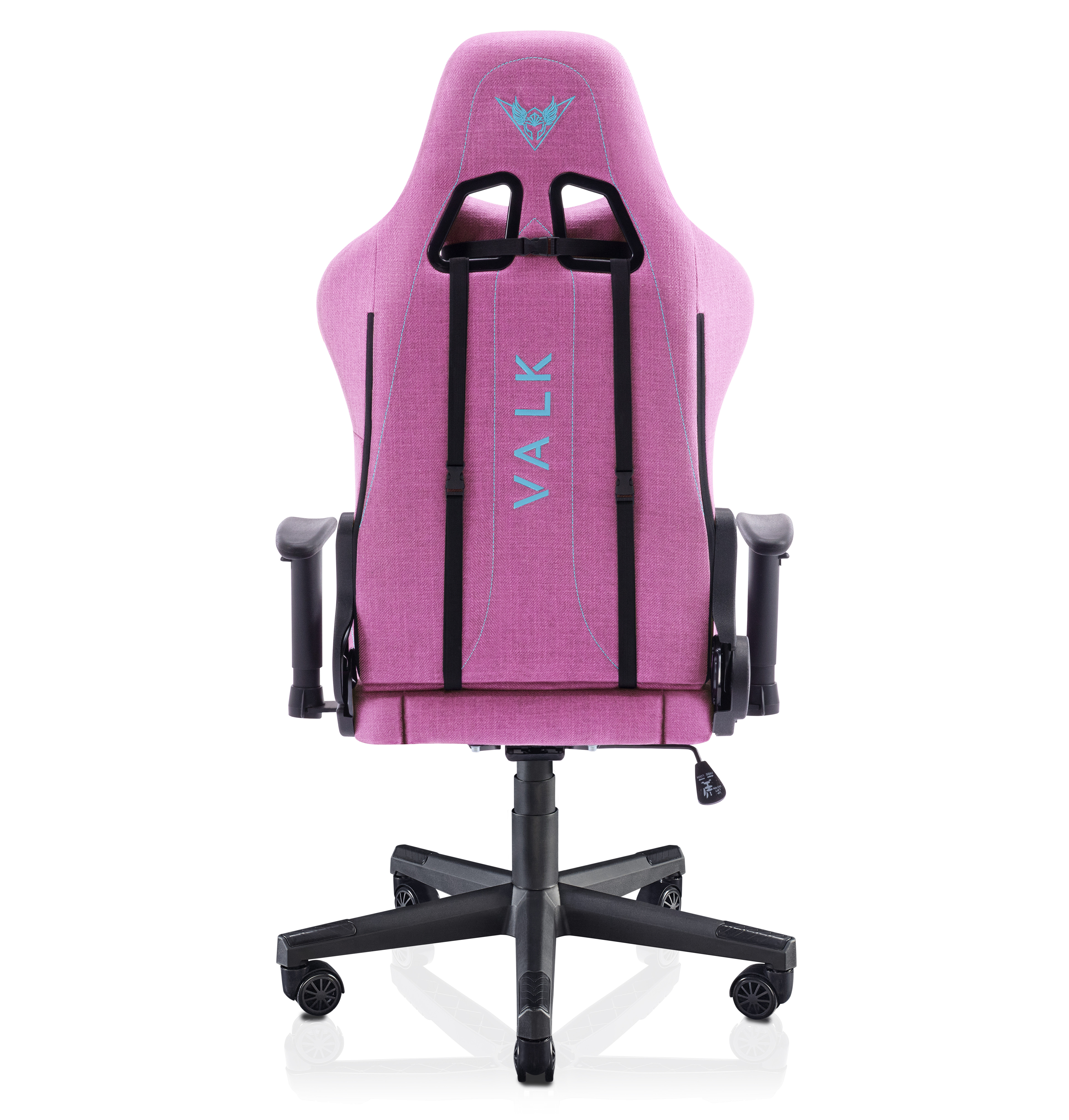 Una silla gaming rosa. Correas y base negras. Palabra VALK en la espalda.
