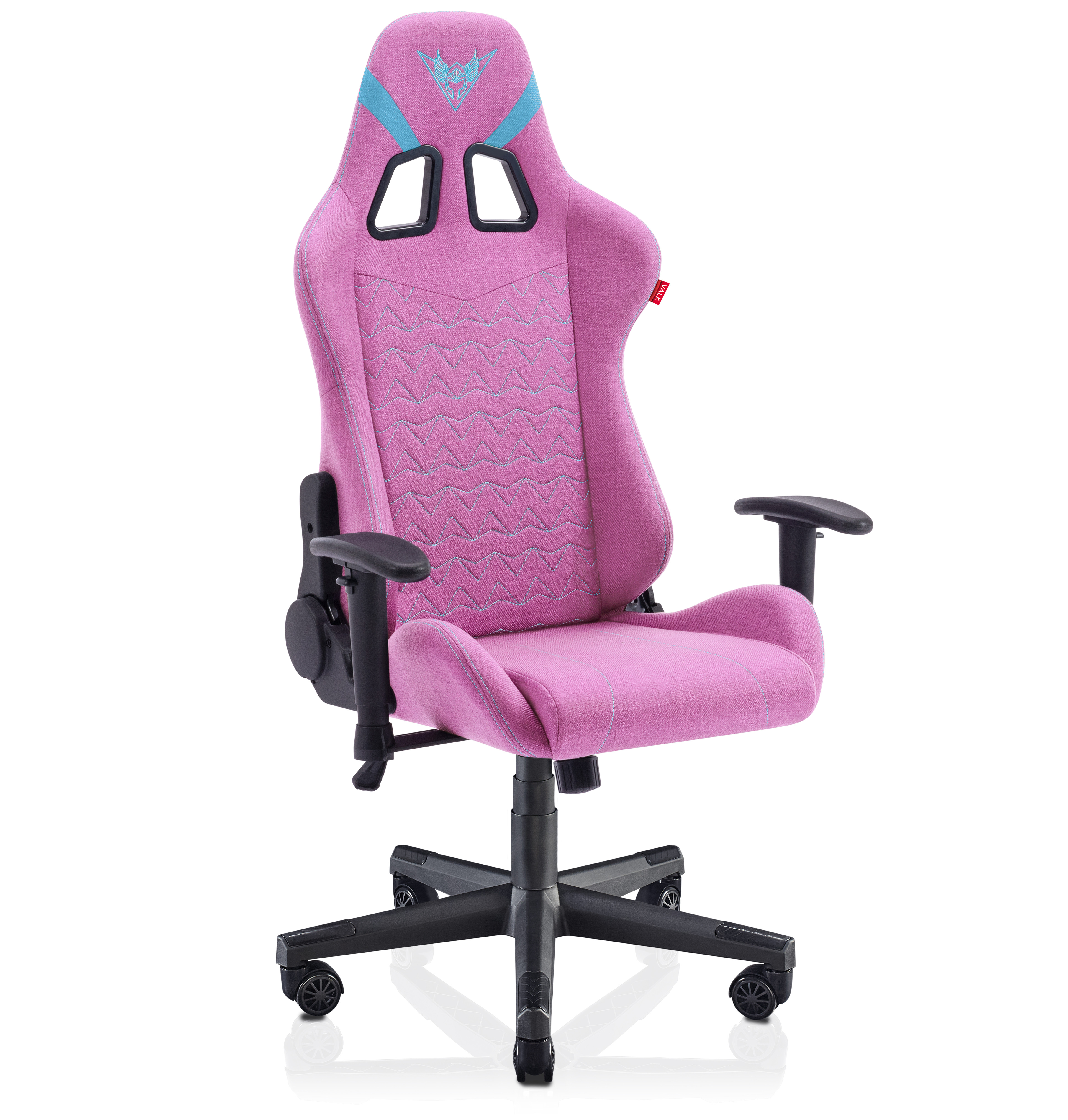 Silla gamer rosa con reposabrazos y base negros. Fondo blanco.