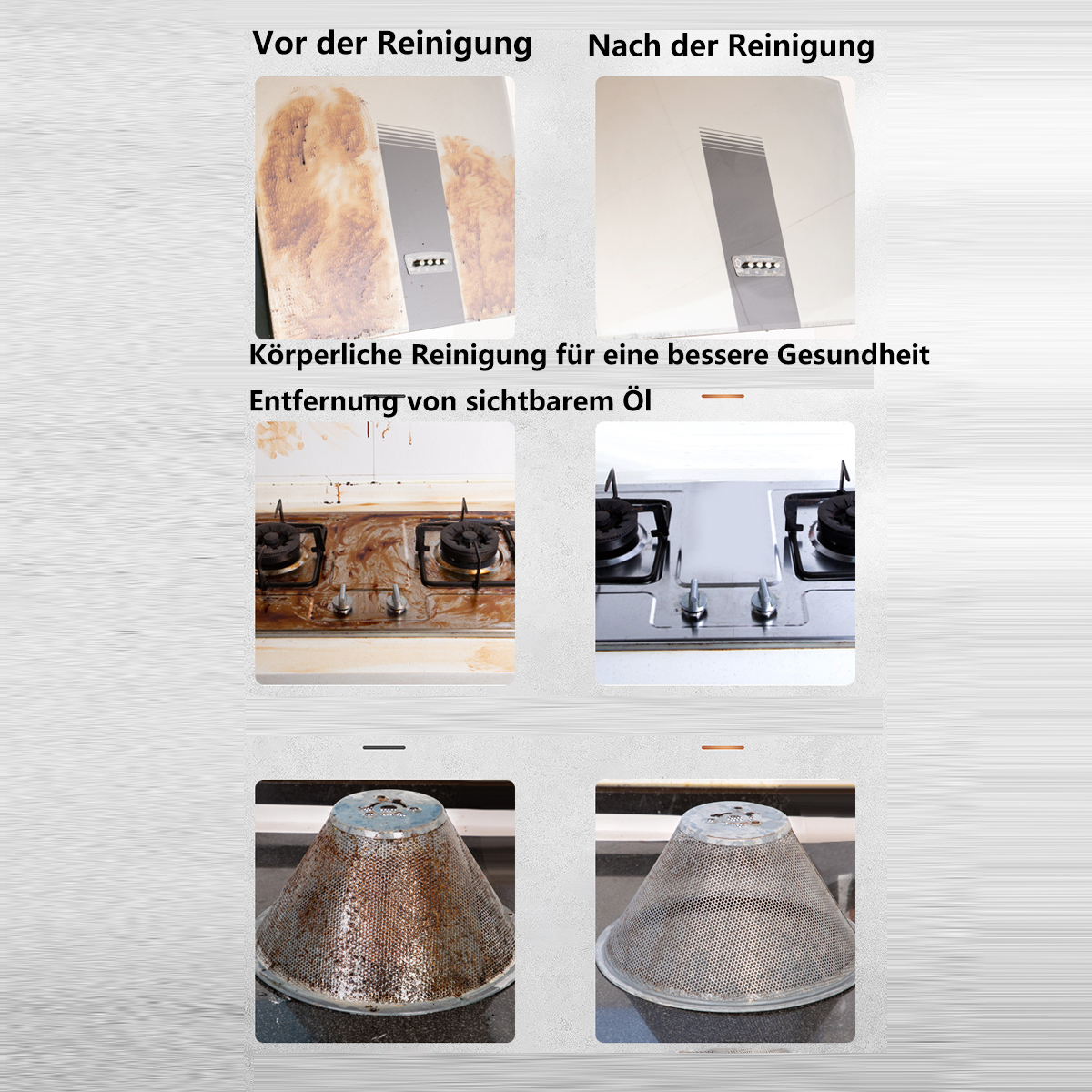 Fotos, die einen Vorher-Nachher-Vergleich der Reinigung eines Kochfelds, einer Dunstabzugshaube und eines Abluftventilators zeigen.