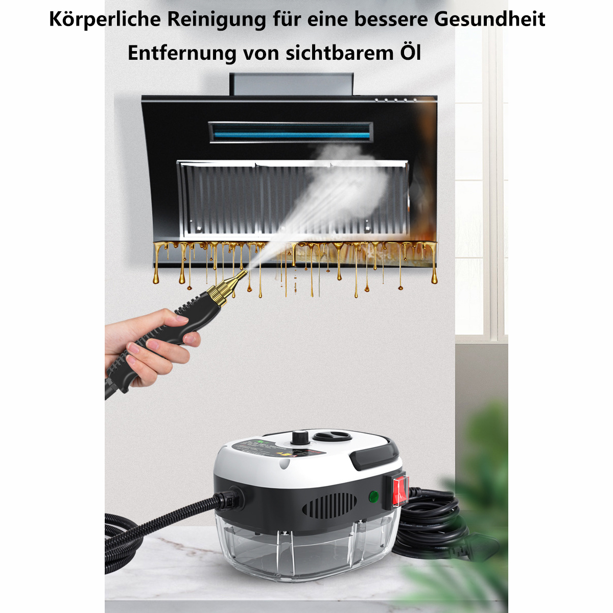 Ein Dampfreiniger reinigt eine Dunstabzugshaube und entfernt Ölflecken.