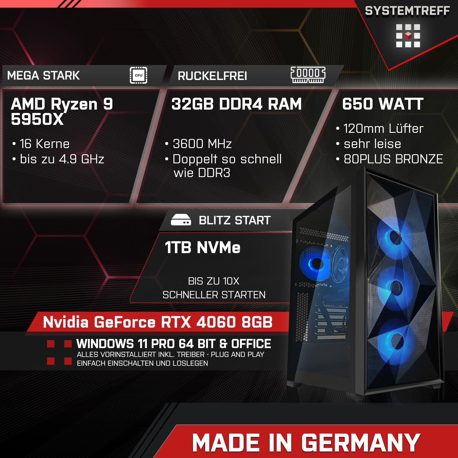 SYSTEMTREFF Gaming Komplett AMD 32 RAM, Nvidia GeForce 8GB RTX Ryzen 1000 4060 Komplett 5950X, GB 9 PC DLSS GB GB mSSD, GDDR6 mit 8 Prozessor, 5950X 3, mit