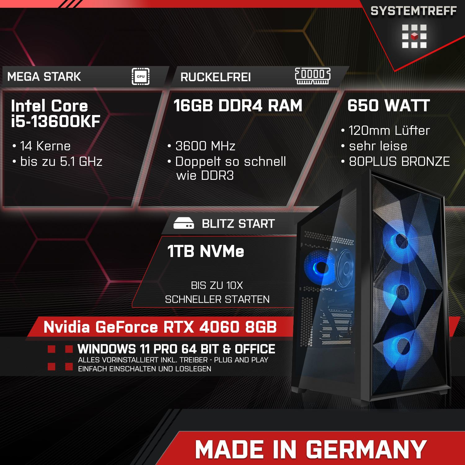 GDDR6 mSSD, 8GB RAM, Komplett GB 1000 Prozessor, mit GB Intel 4060 i5-13600KF GB Komplett GeForce Core RTX 3, DLSS Nvidia i5-13600KF, SYSTEMTREFF Gaming 8 PC mit 16