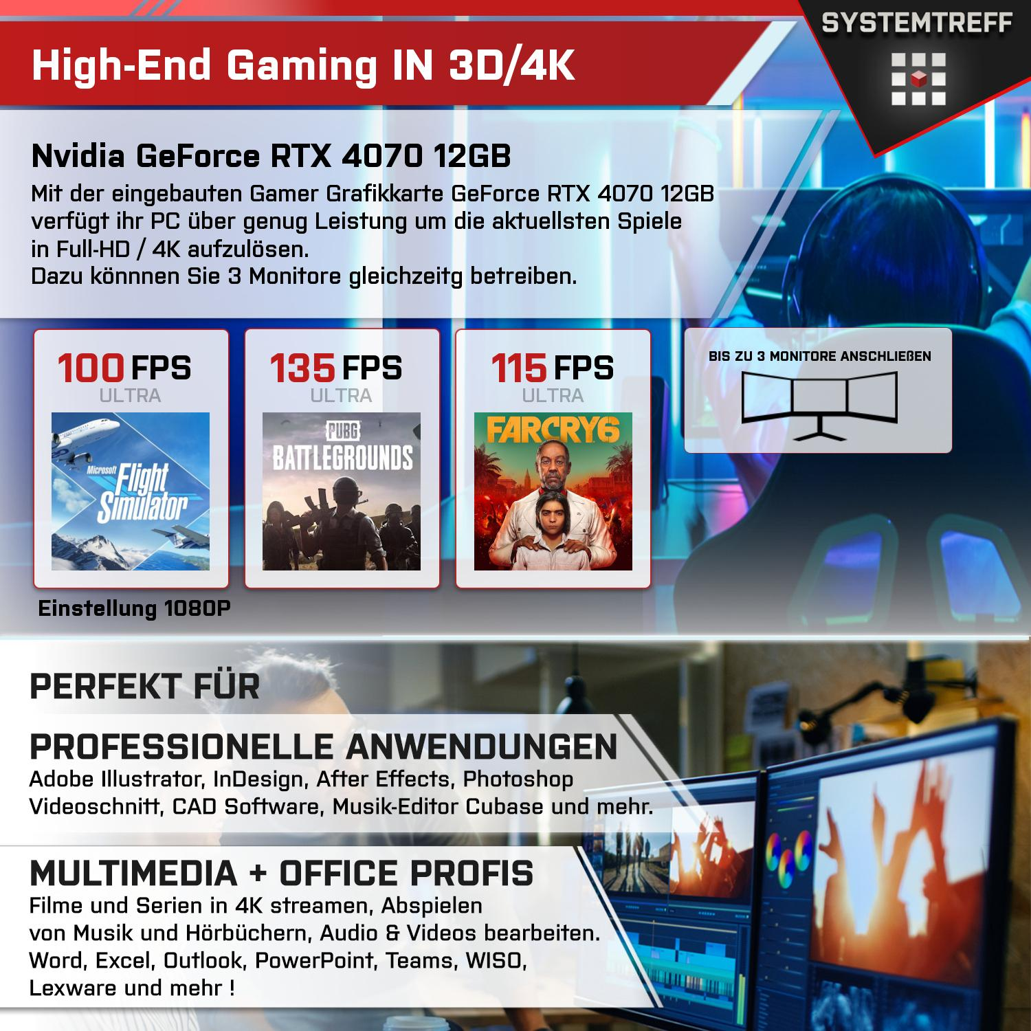 SYSTEMTREFF Gaming Komplett 1000 GeForce 5800X3D, Ryzen GB mSSD, 12GB 4070 Komplett RTX Nvidia AMD 7 GB 32 GDDR6, mit 5800X3D Prozessor, RAM, 12 GB PC