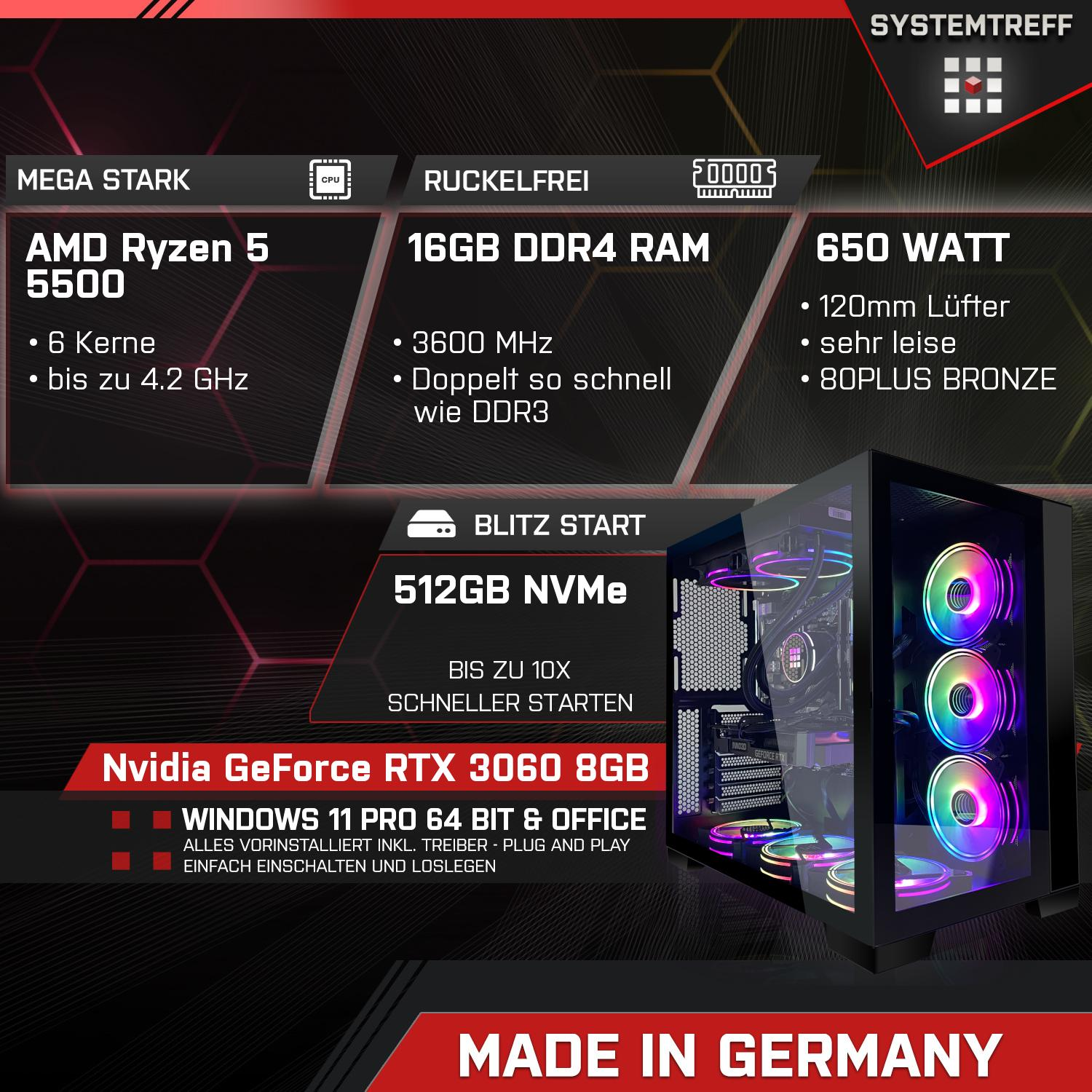 SYSTEMTREFF Gaming AMD Ryzen AMD Windows Ryzen™ 5500, Prozessor, 16 RTX™ mSSD, GB mit PC GeForce Pro, 3060 11 RAM, 512 Gaming NVIDIA GB 5 5