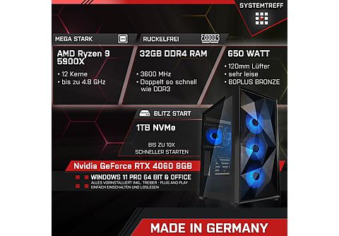SYSTEMTREFF Gaming Komplett AMD Ryzen 9 5900X, Komplett PC mit 5900X  Prozessor, 32 GB RAM, 1000 GB mSSD, Nvidia GeForce RTX 4060 8GB GDDR6 mit  DLSS 3, 8 GB | MediaMarkt