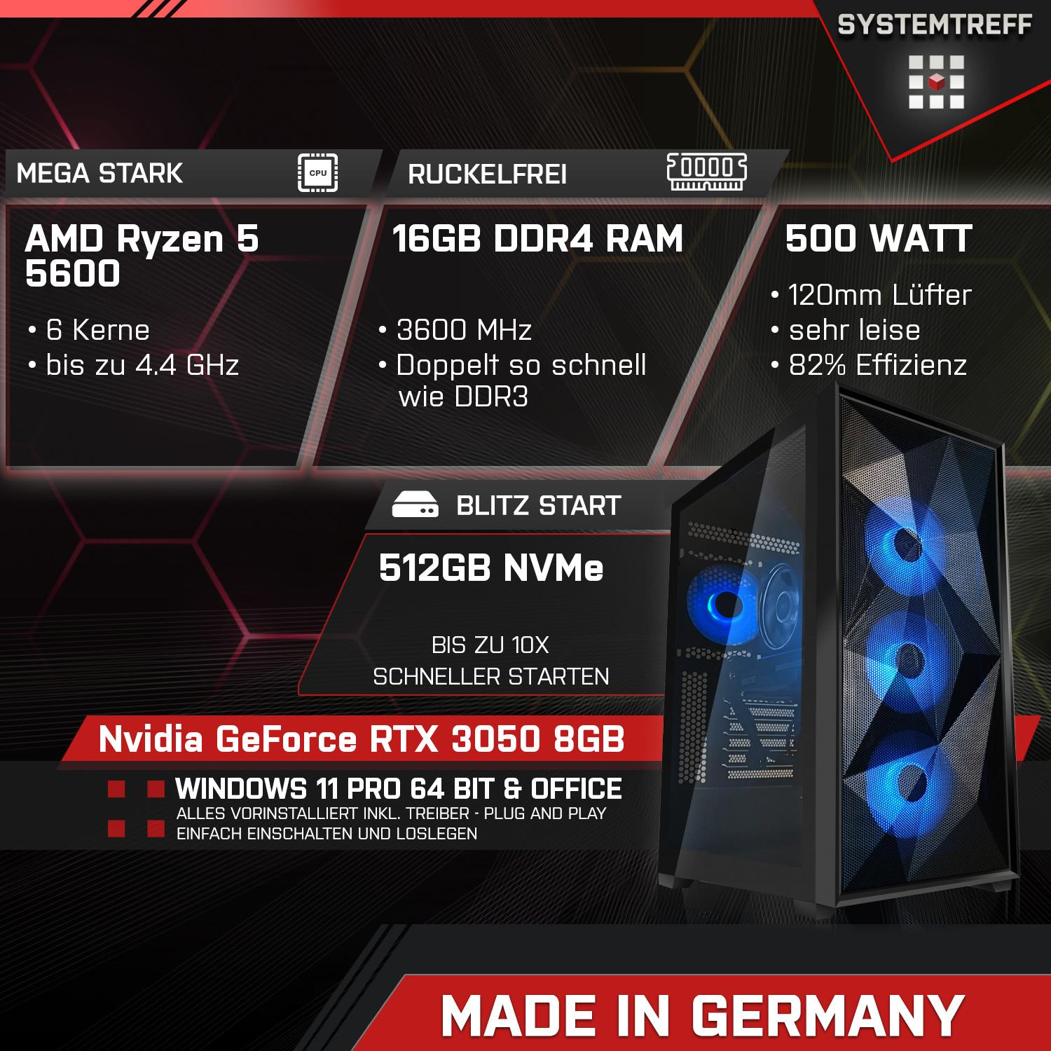 SYSTEMTREFF Gaming AMD Ryzen GB mSSD, 16 5600, PC 5 Windows Prozessor, 3050 NVIDIA Ryzen™ Gaming AMD RTX™ GeForce Pro, RAM, mit 512 GB 5 11
