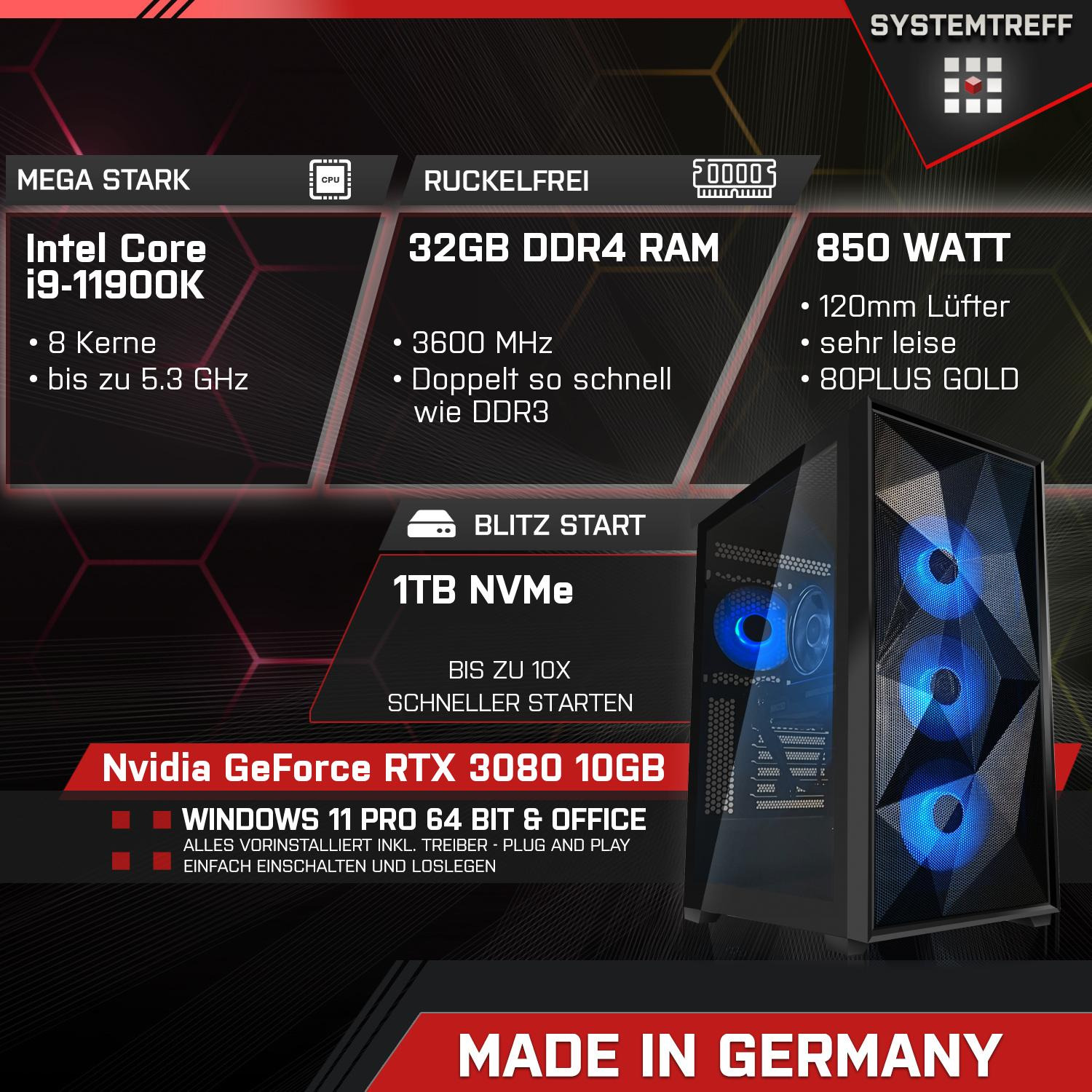 PC High-End GeForce Core Intel® Pro, i9 i9-11900K, Prozessor, 1000 3080 mit Windows Core™ GB 32 Gaming SYSTEMTREFF RTX™ Intel mSSD, GB RAM, NVIDIA 11 Gaming