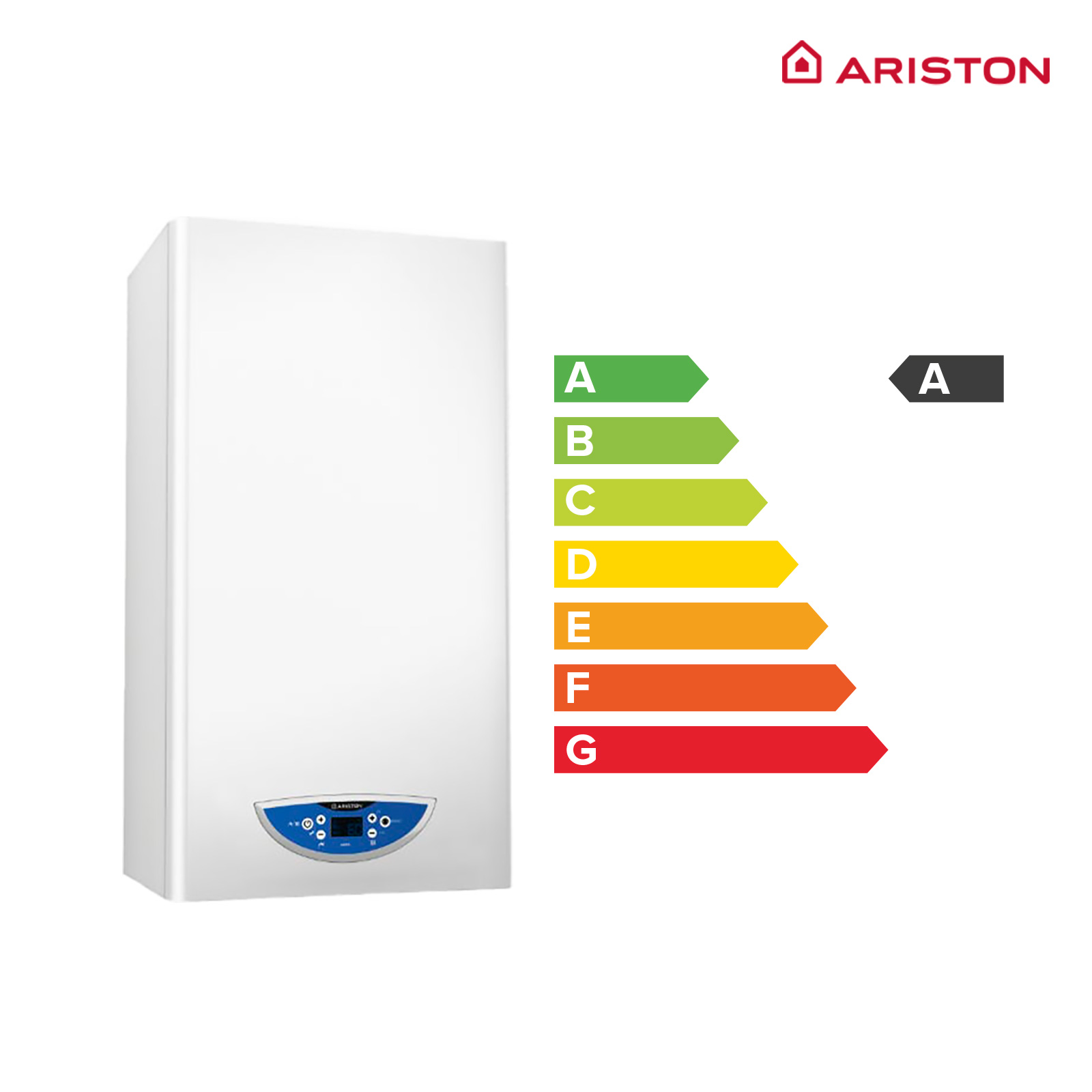 Caldaia bianca con logo Ariston. Etichetta energetica con classificazione A. Frecce mostrano l'efficienza energetica.