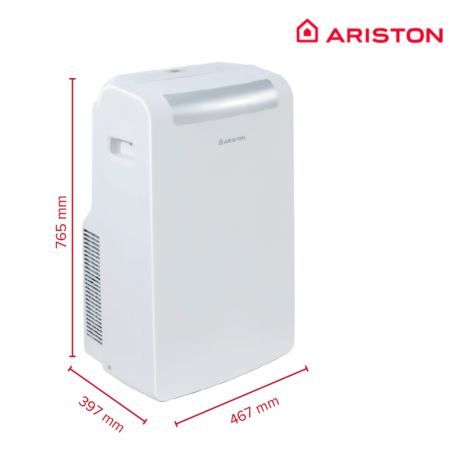 Aire acondicionado blanco con dimensiones delante de fondo blanco.
