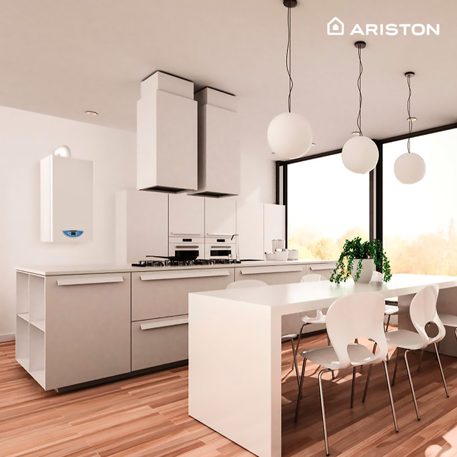 Cucina moderna con mobili bianchi, isola e caldaia Ariston. Grandi finestre, pavimento in legno.