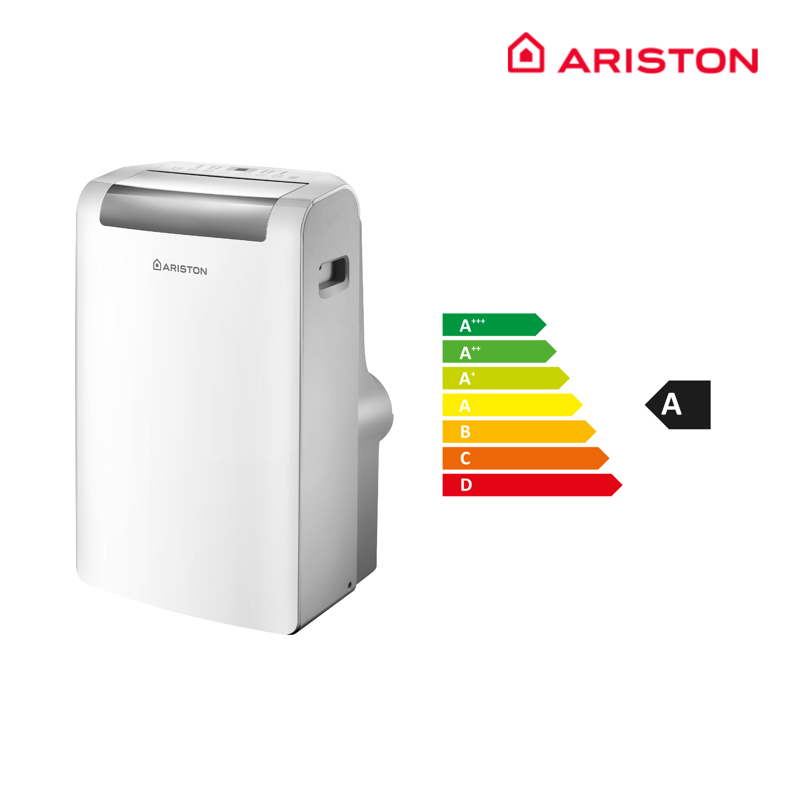 Un aire acondicionado Ariston blanco con una etiqueta de eficiencia energética al lado, que muestra una calificación 'A'.