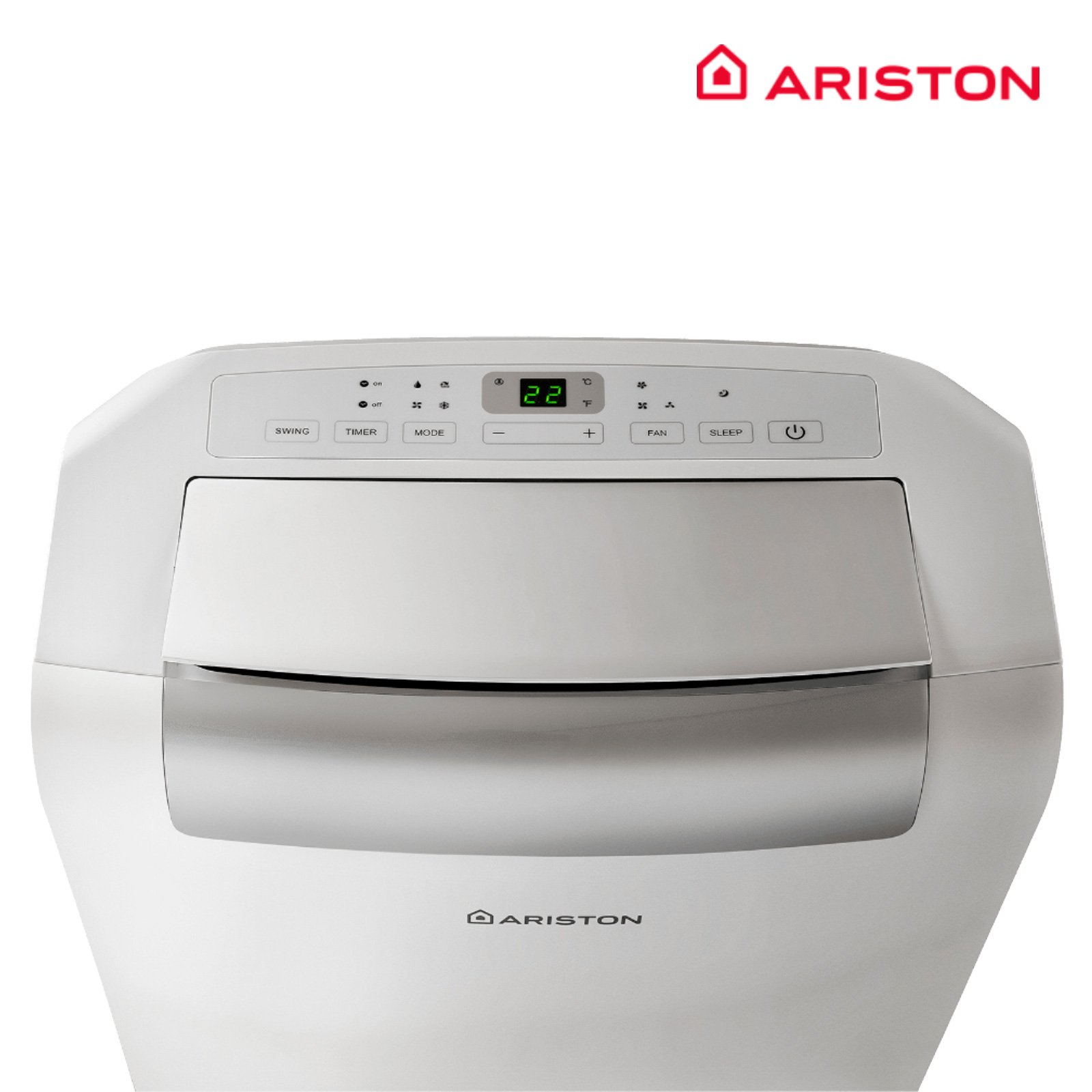 Un acondicionador de aire Ariston blanco. Tiene una pantalla digital y botones de control. Logo Ariston arriba.