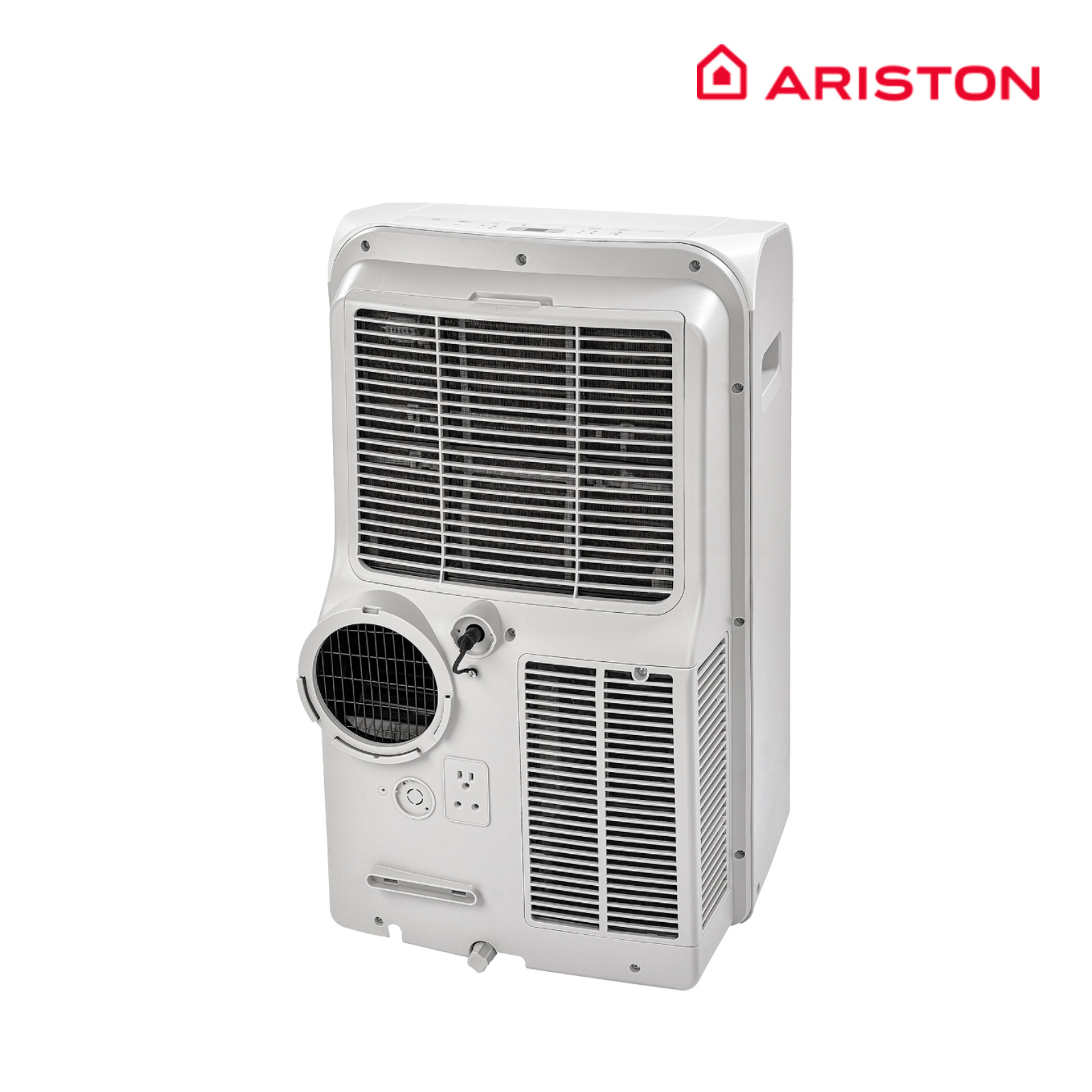 Aire acondicionado portátil Ariston blanco. Alto, rectangular, con rejillas y panel de control.