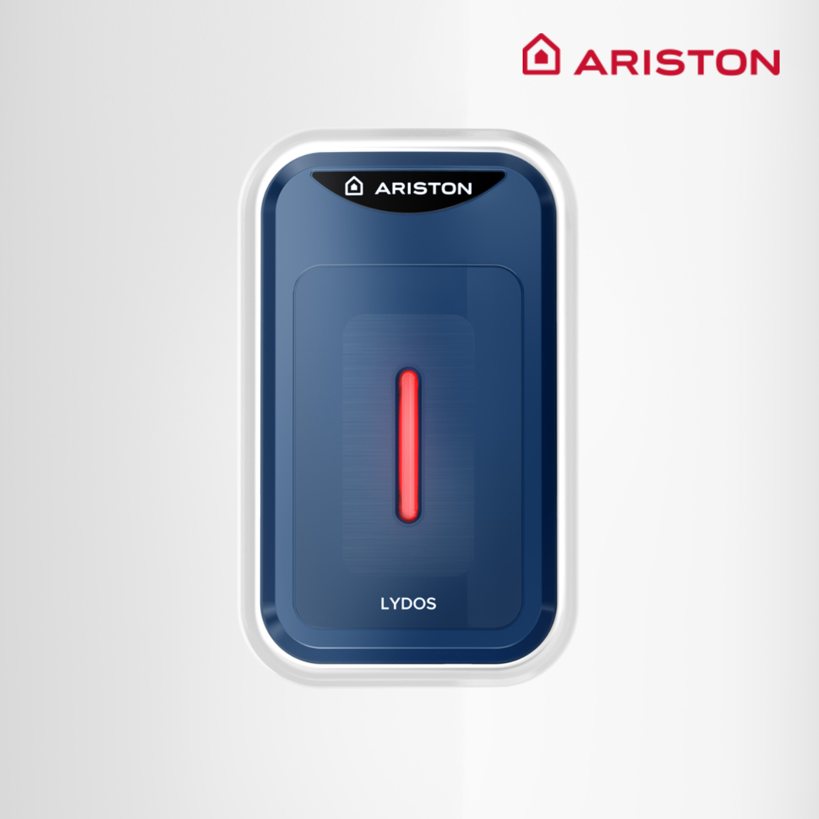Dispositivo Ariston Lydos azul y blanco con una luz roja y el logotipo de Ariston sobre un fondo blanco.