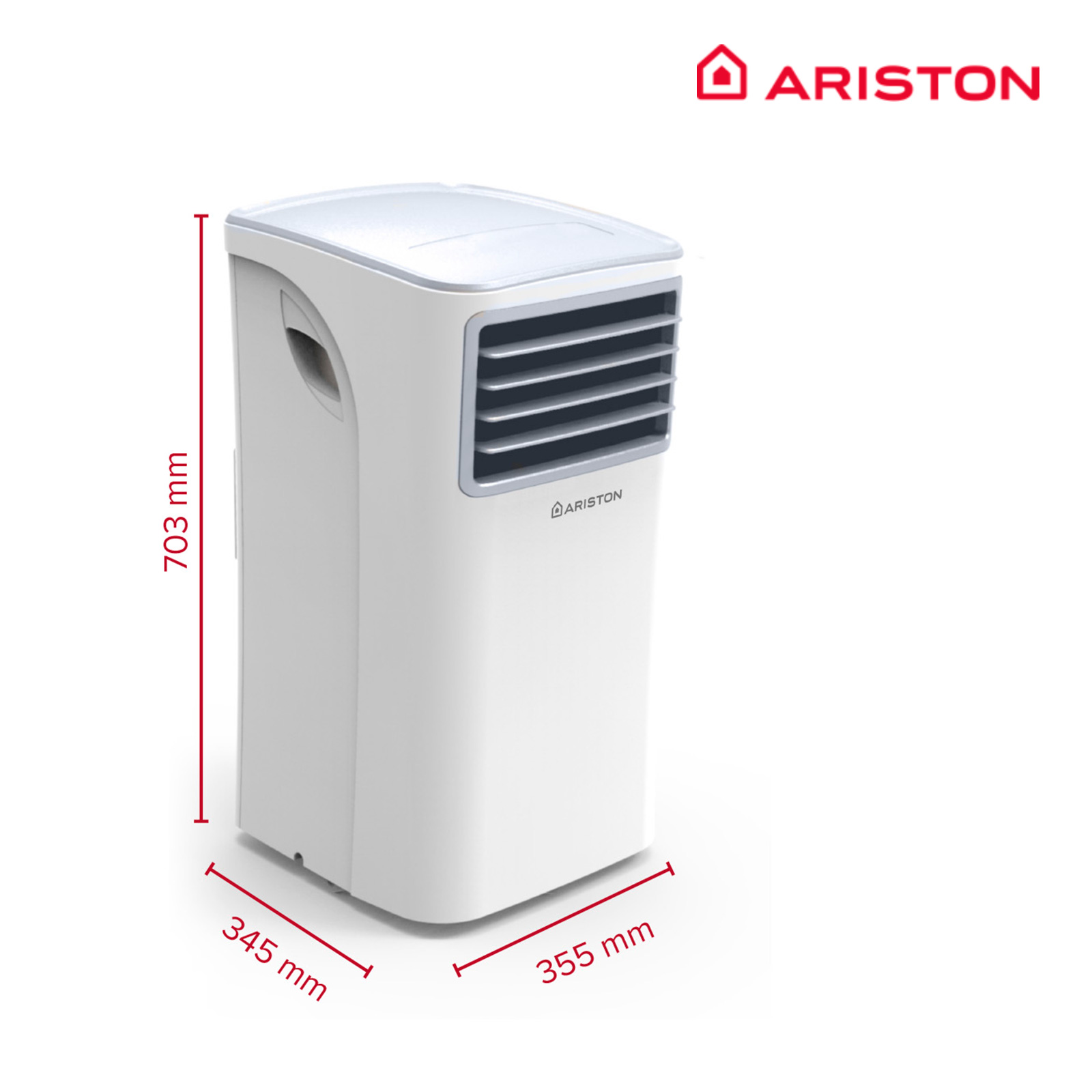 Un aire acondicionado portátil Ariston blanco con dimensiones etiquetadas en mm.
