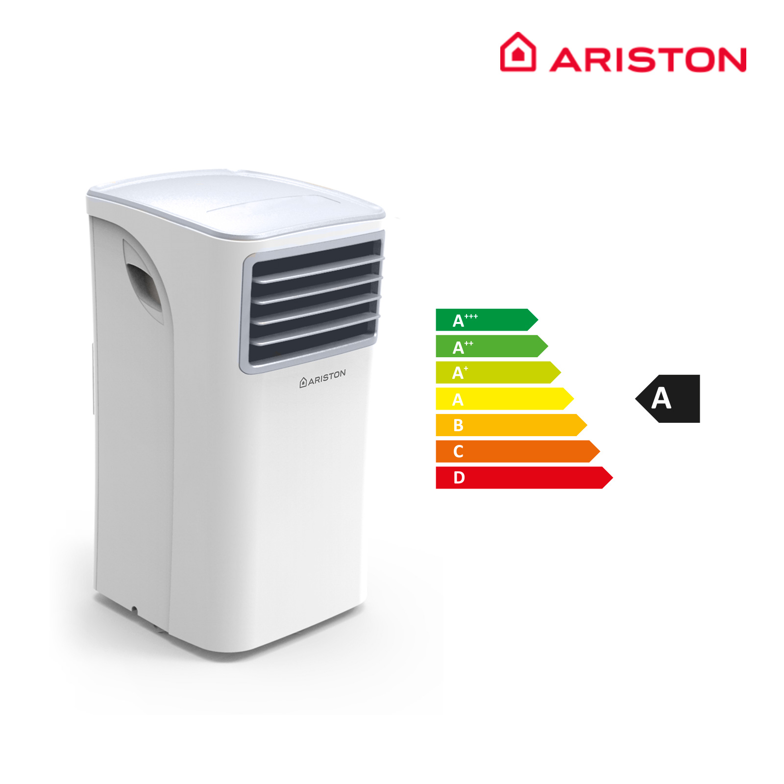 Aire acondicionado portátil Ariston blanco con etiqueta de eficiencia energética. Fondo blanco.
