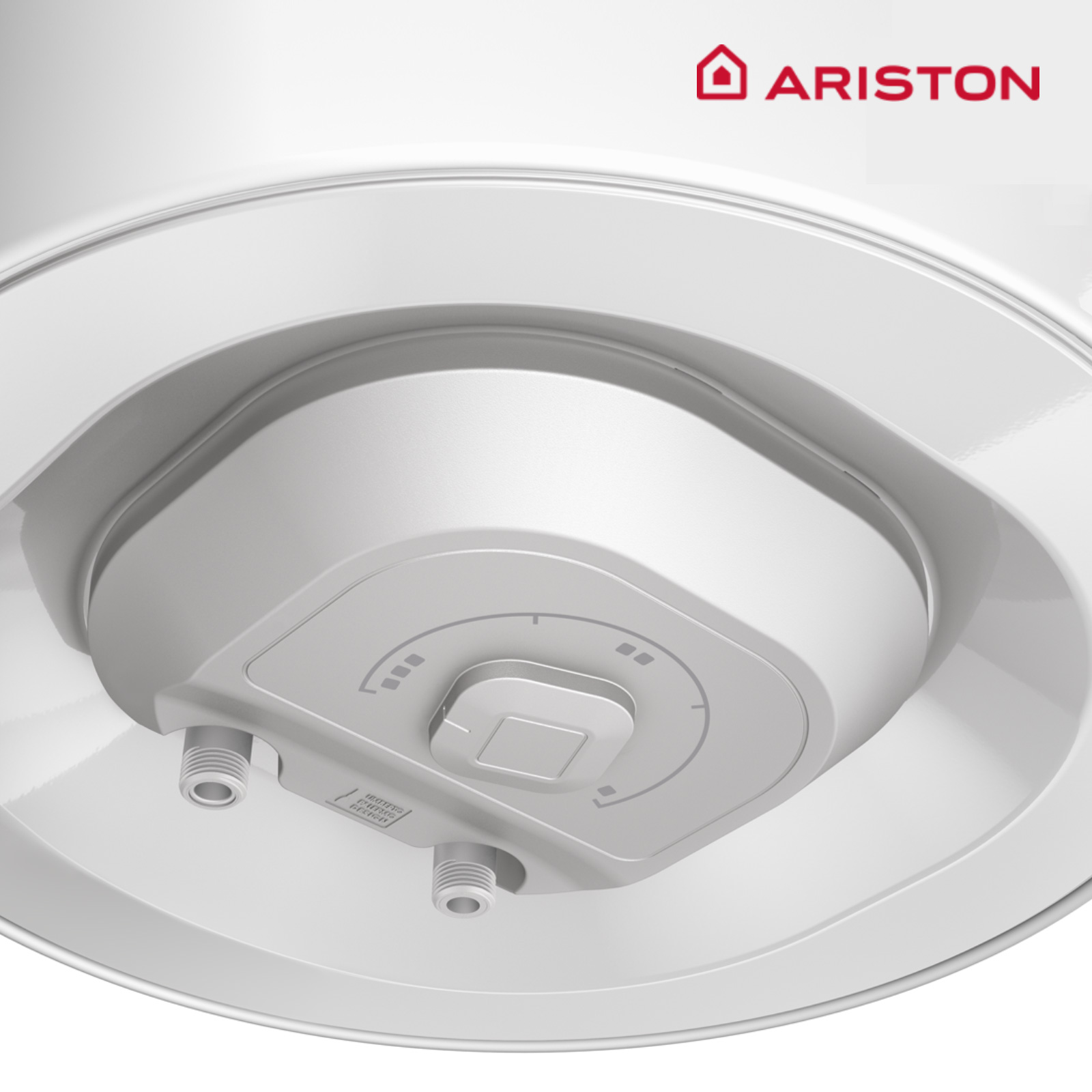 Calentador de agua blanco con logo Ariston, con detalles del calentador de agua.