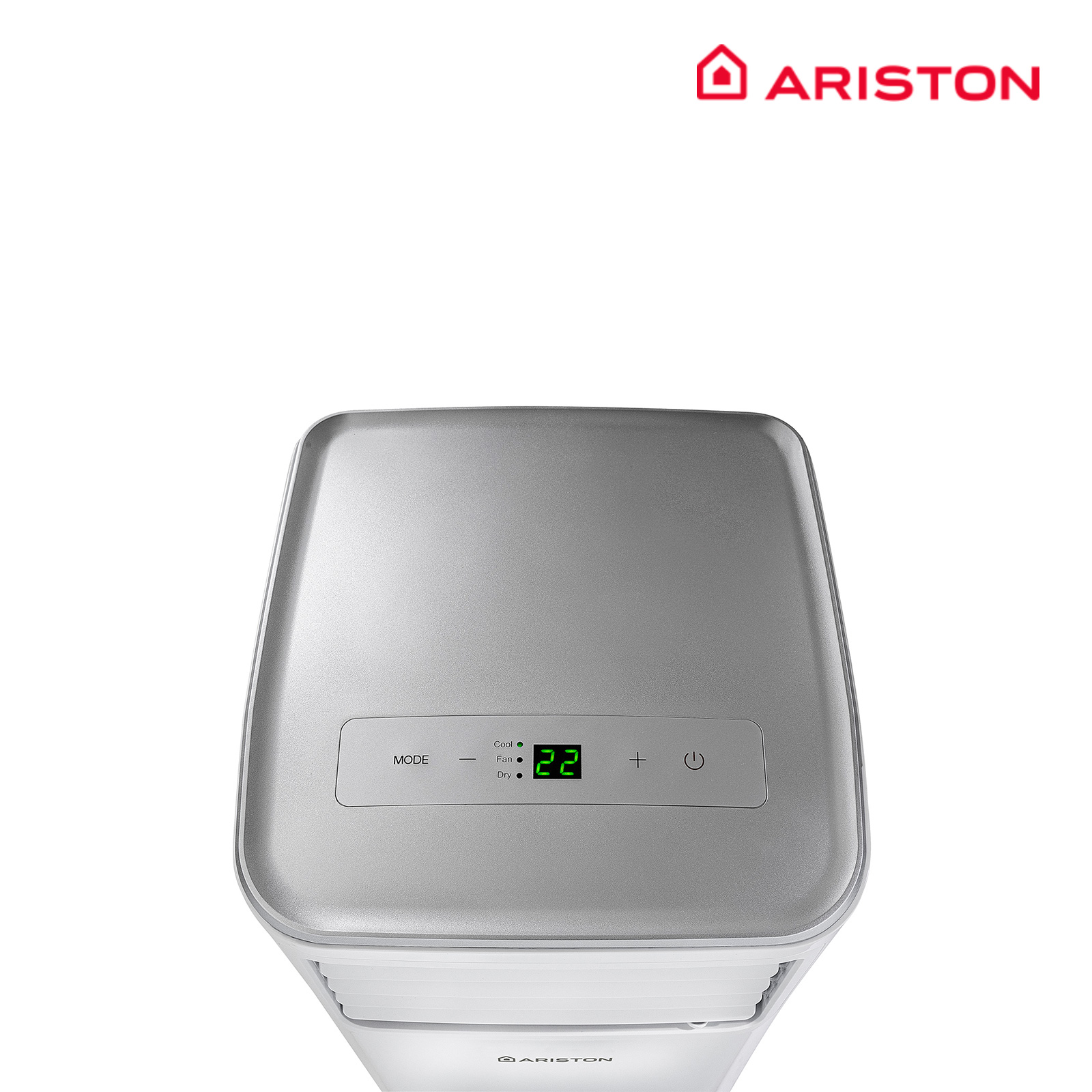 Aire acondicionado Ariston plateado y blanco. Panel de control en la parte superior. Muestra temperatura y botones.