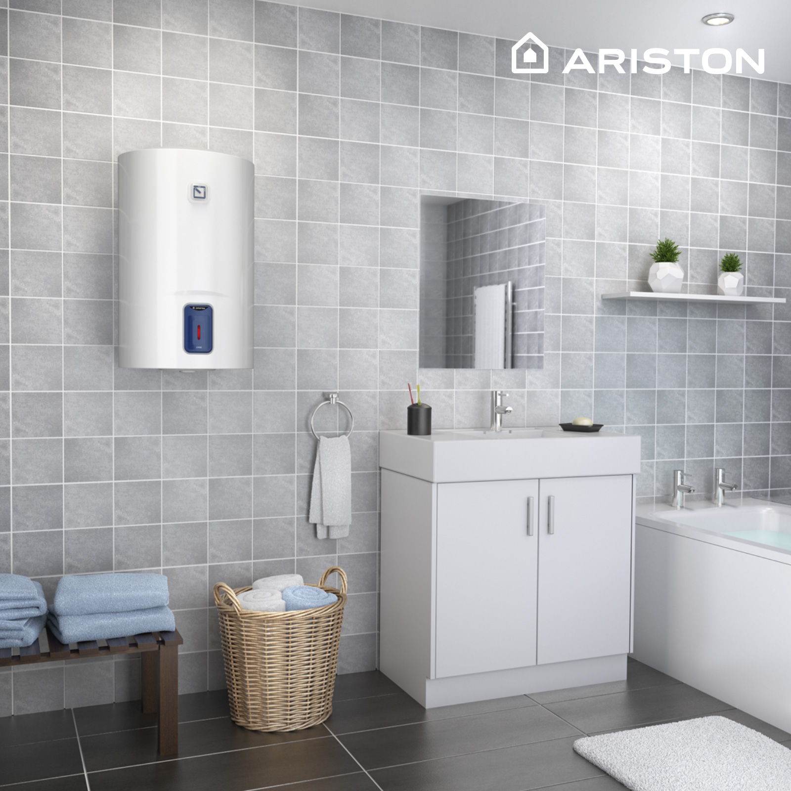 Baño con accesorios blancos. Calentador de agua, lavabo y armario blancos. Pared de baldosas grises.