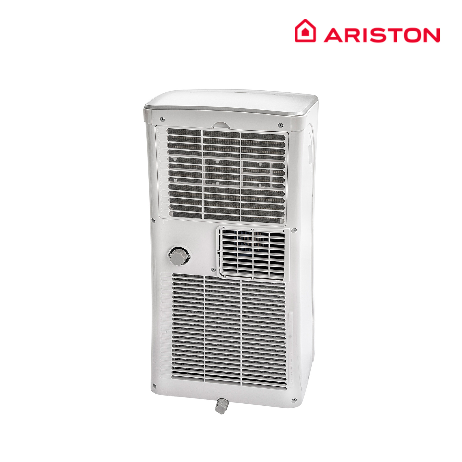 Una unidad de aire acondicionado Ariston blanca, con ventilaciones y una perilla de control. El logotipo de Ariston está en la parte superior.