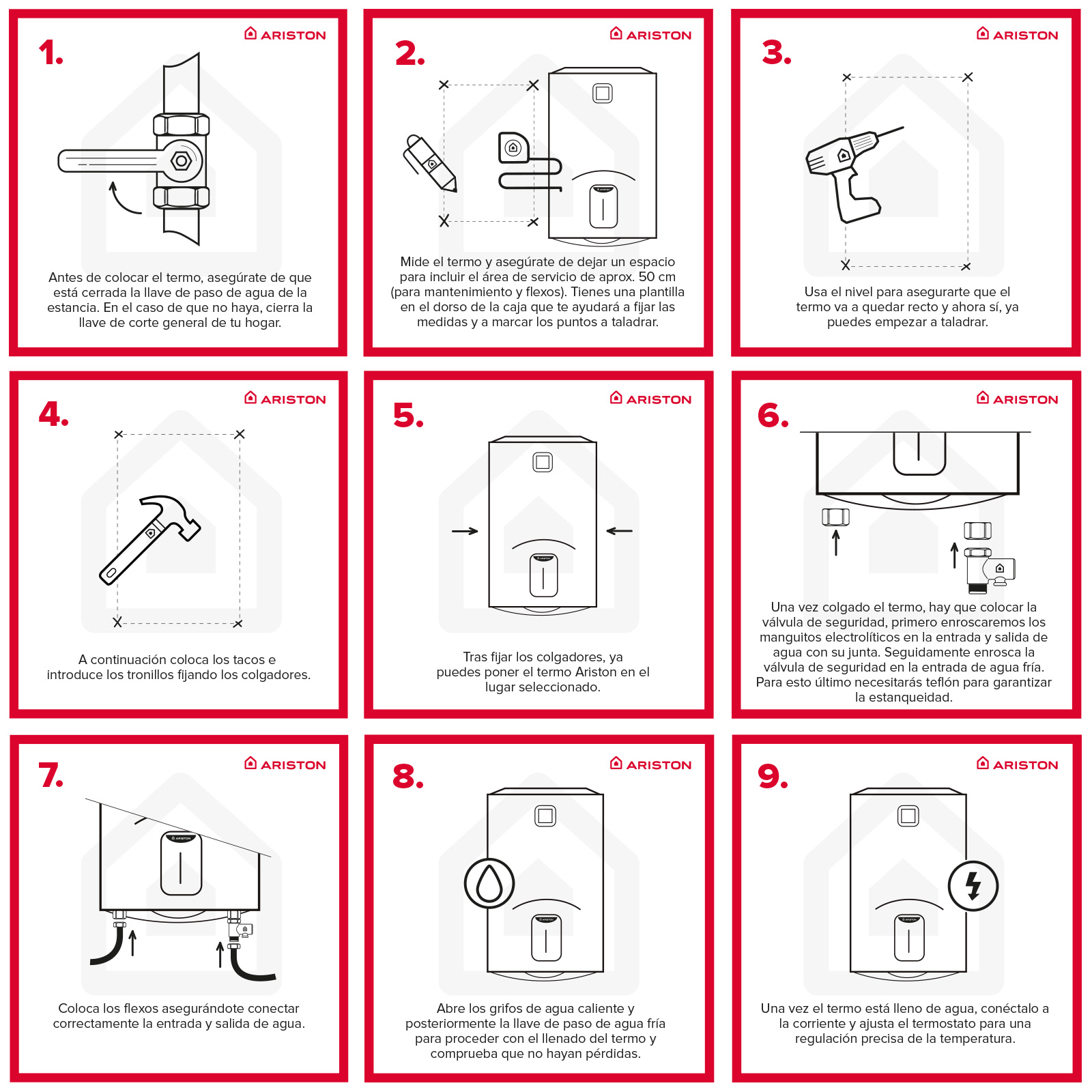 Nueve pasos para montar un calentador de agua. Instrucciones en español, con diagramas e ilustraciones.