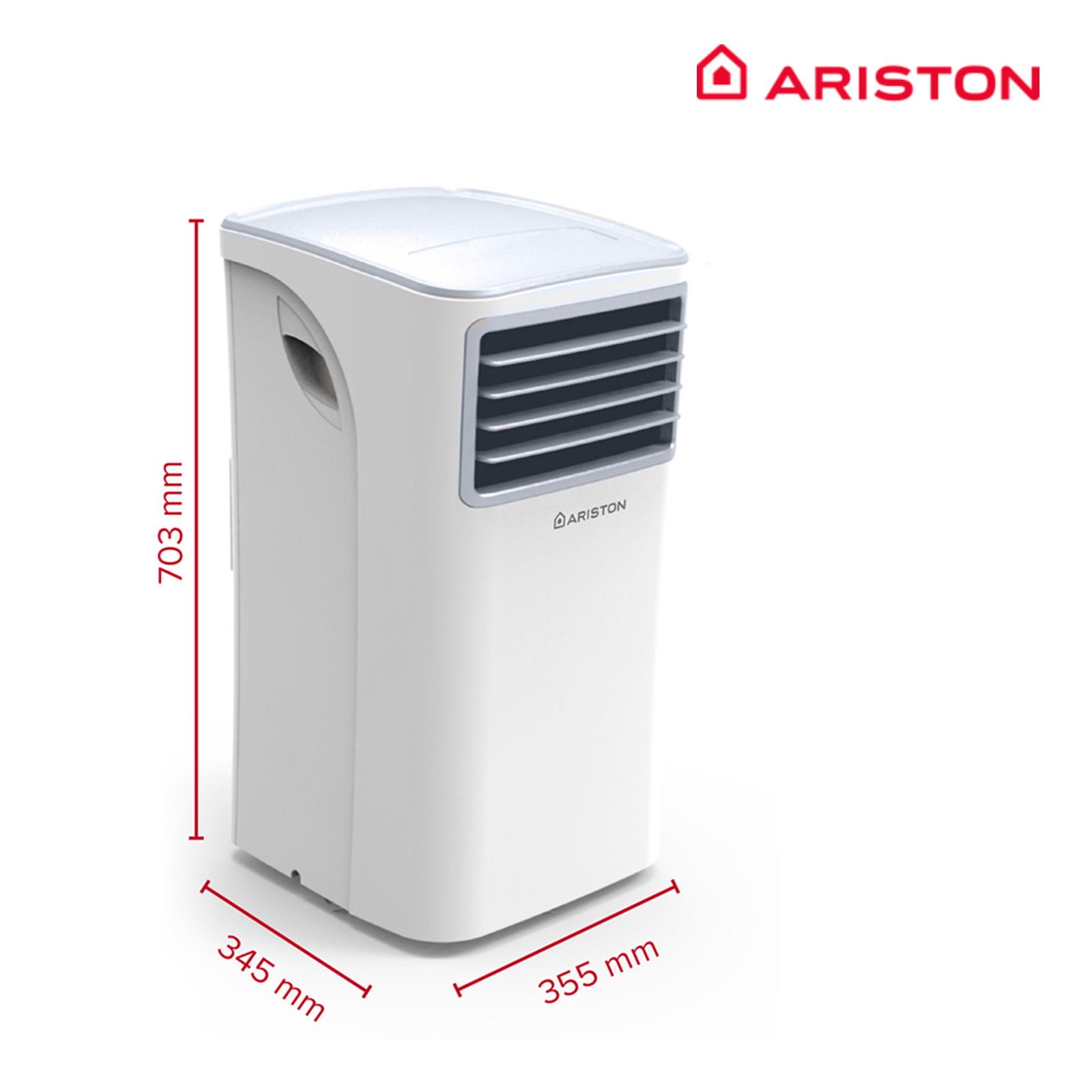 Un acondicionador de aire portátil blanco con dimensiones etiquetadas en rojo. El logotipo de Ariston es visible.