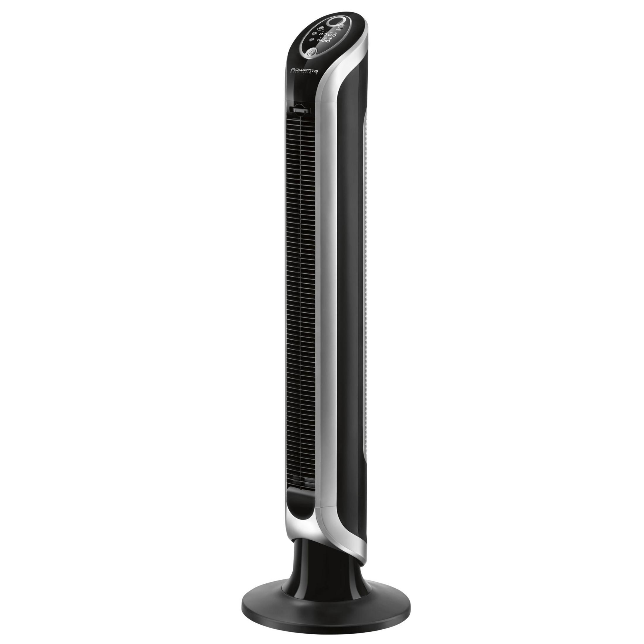 Wysoki czarno-srebrny wentylator wieżowy na białym tle, pokazujący jego design.