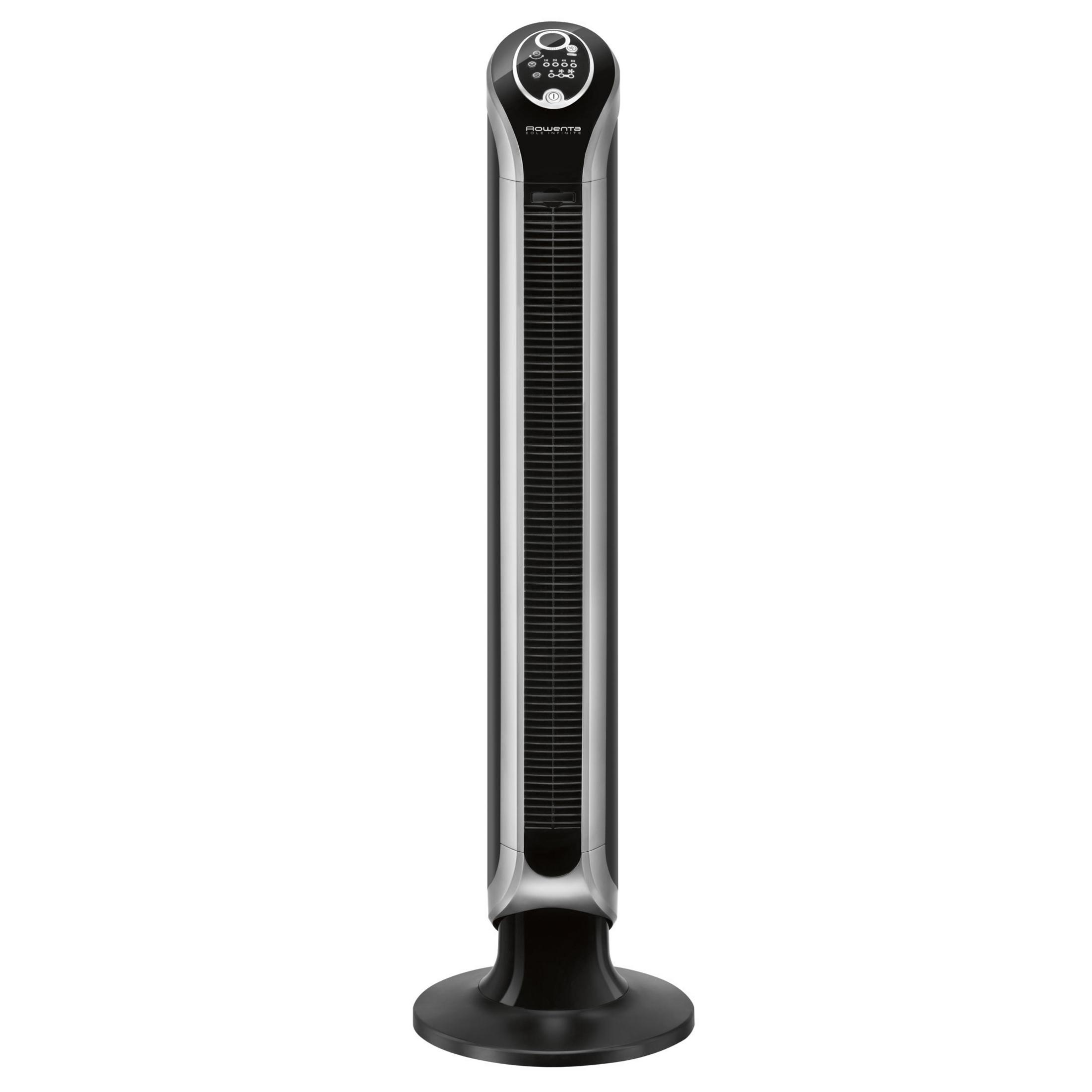 Wysoki czarny i srebrny wentylator z okrągłą podstawą. Ma panel sterowania na górze.