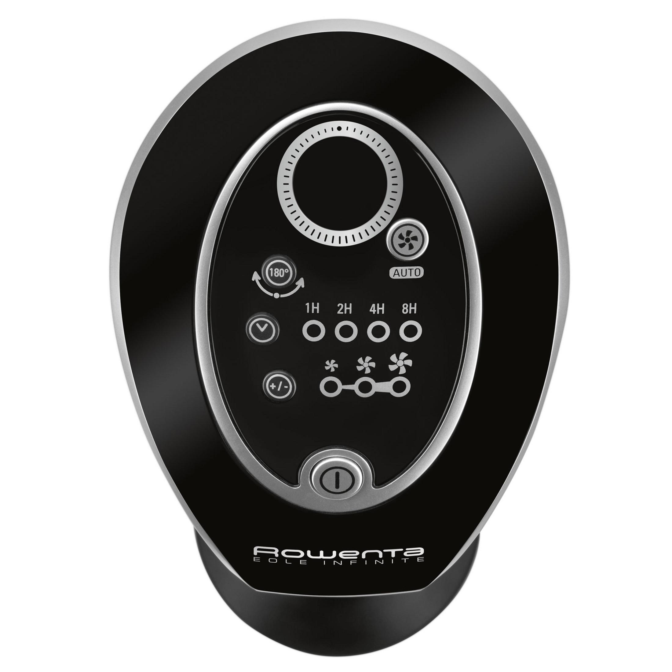 Czarny i srebrny wentylator z panelem sterowania. Posiada różne tryby i ustawienia.