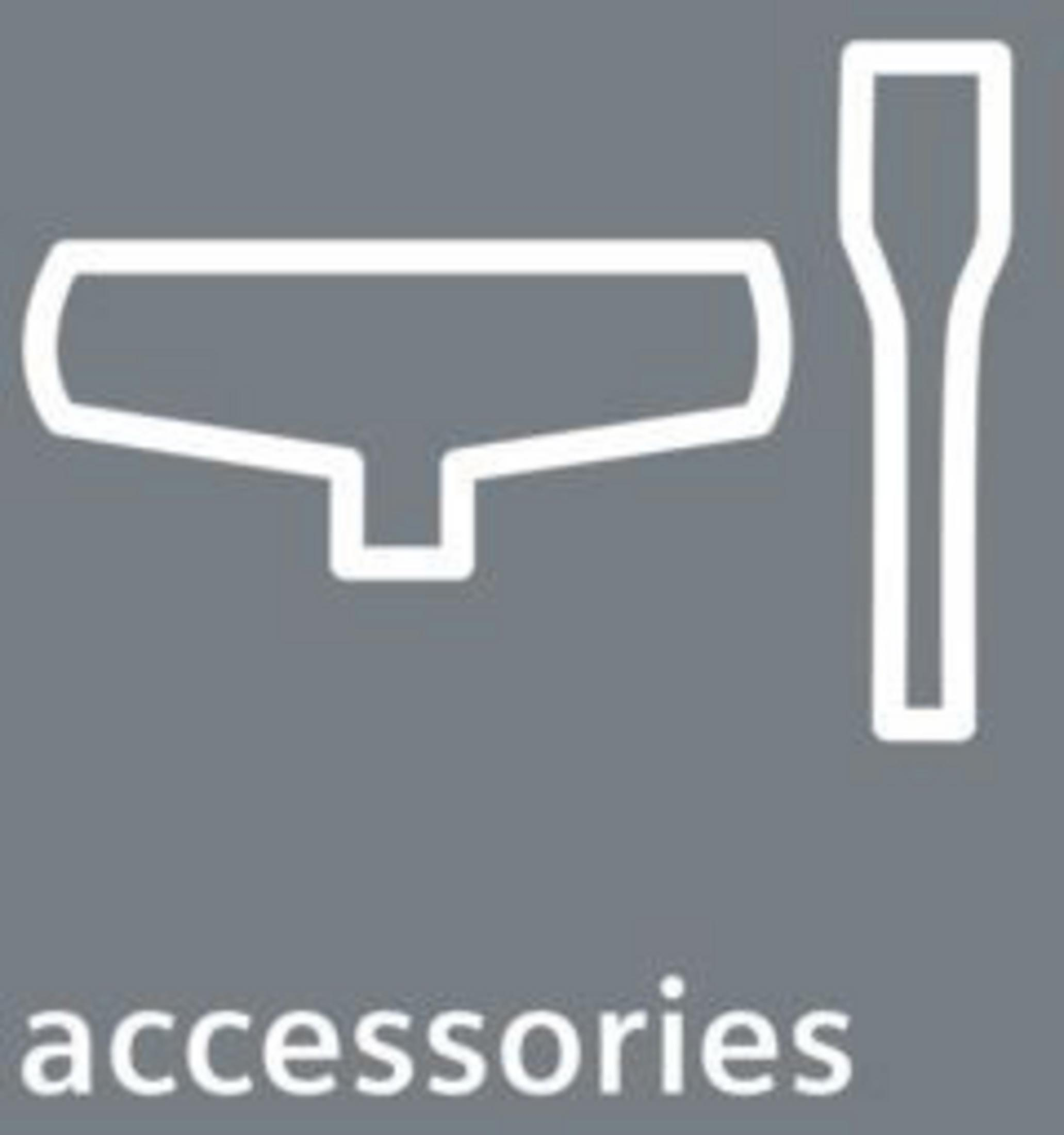 Weißes Grafik-Icon mit Werkzeugen und dem Wort 'Zubehör'.
