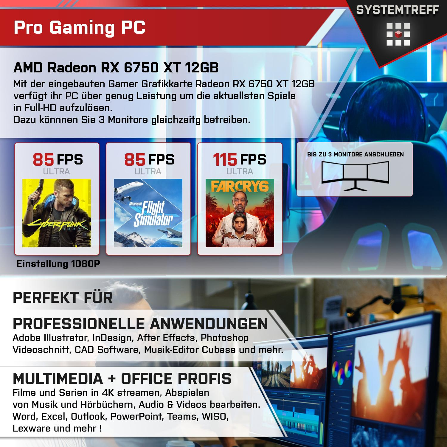 SYSTEMTREFF Gaming Komplett Intel 12GB RAM, 6750 32 mit 12 GB i7-13700K Radeon GDDR6, RX 1000 Prozessor, i7-13700K, GB Komplett Core PC AMD GB mSSD, XT