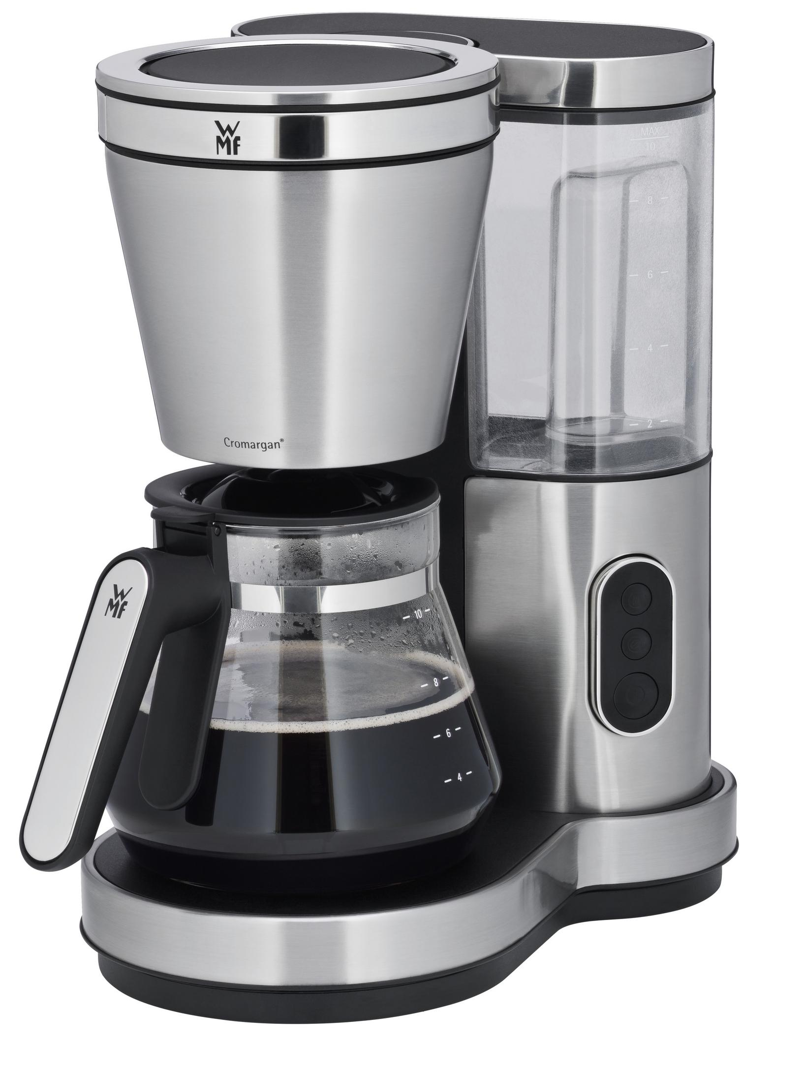 Srebrno-czarny ekspres do kawy ze szklaną karafką i kawą w środku, oraz zbiornikiem na wodę.