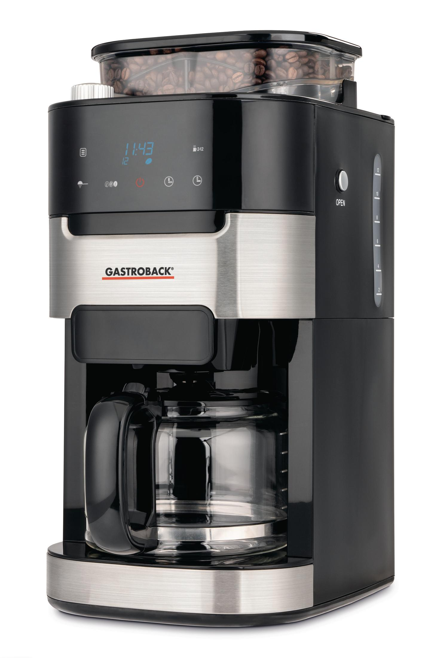 Ekspres do kawy ze zbiornikiem na ziarna kawy, czarny i srebrny.