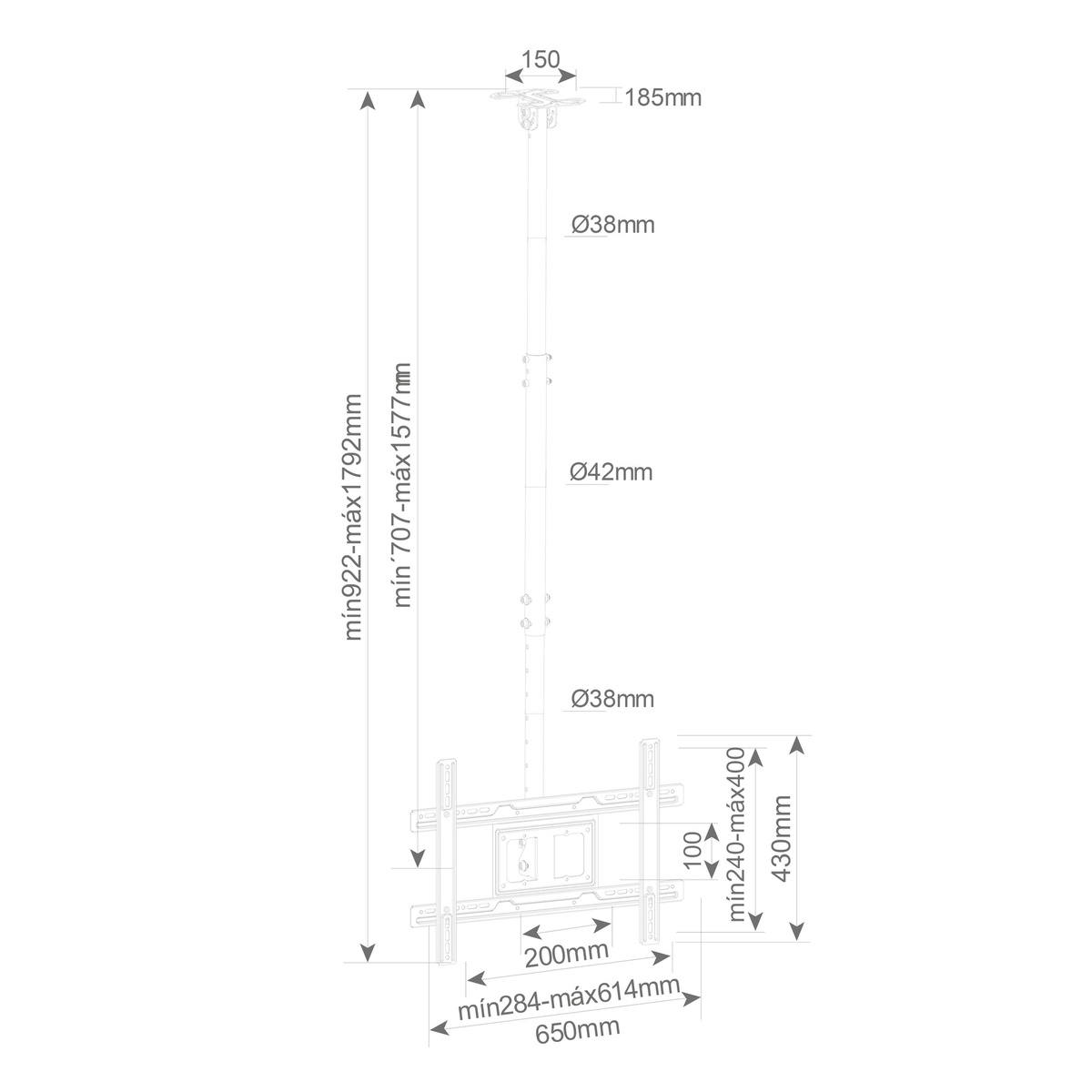 Diagrama técnico de un montaje en techo suspendido para una pantalla, con medidas.