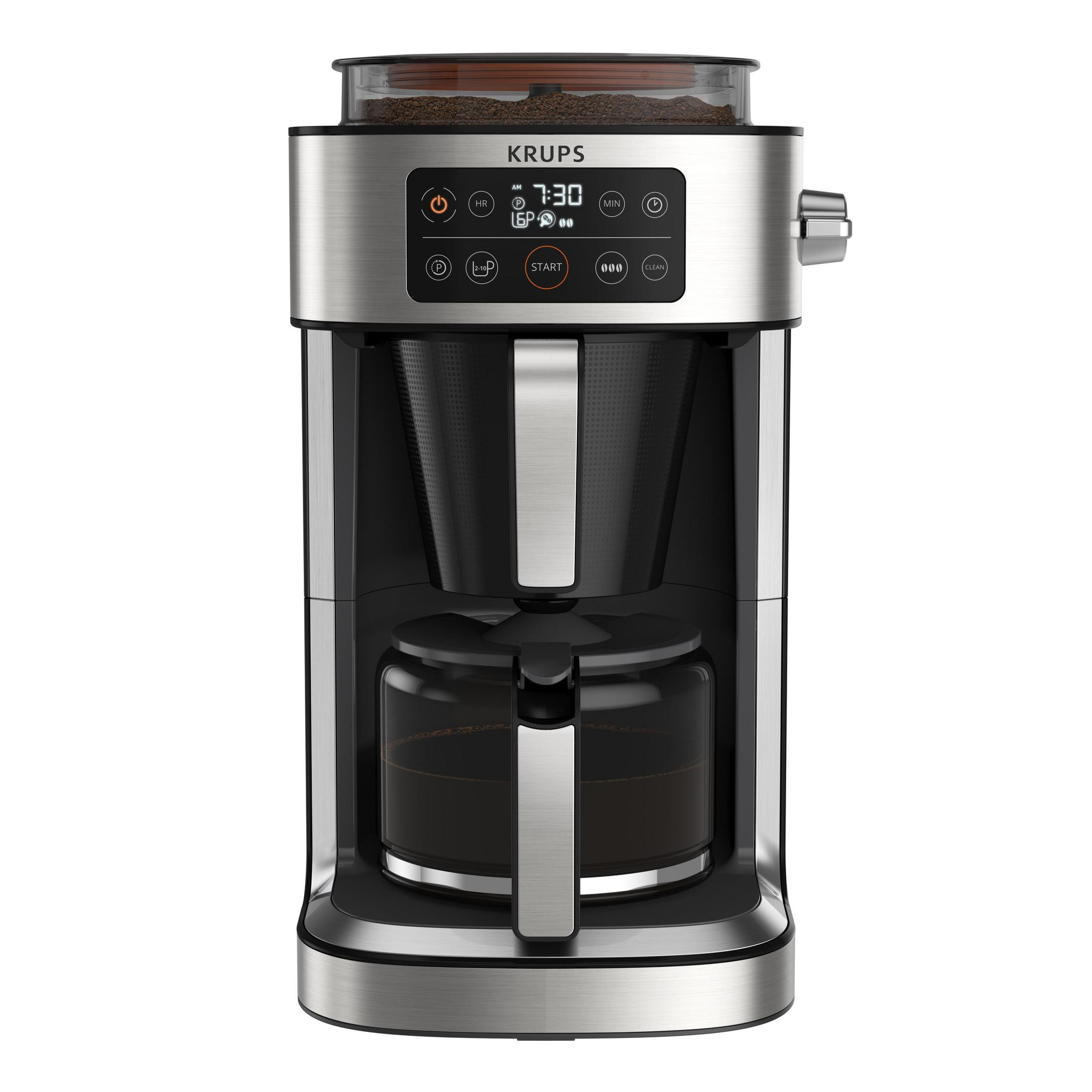 Ekspres do kawy Krups w kolorze srebrno-czarnym. Ekran wyświetla czas i ustawienia. Szklany dzbanek.