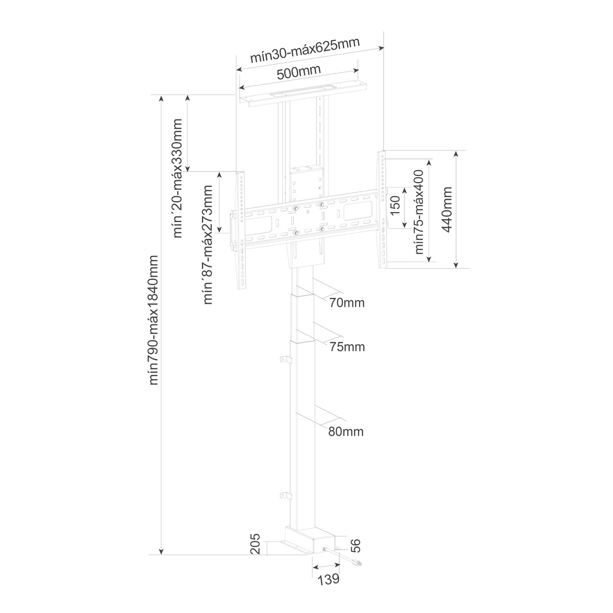 Diagrama que muestra las dimensiones para la instalación de un soporte de TV.
