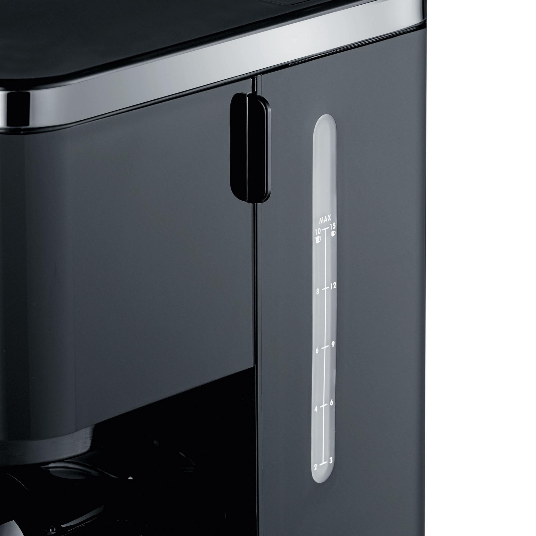 Zbliżenie na czarny ekspres do kawy, widoczny wskaźnik poziomu wody z boku.