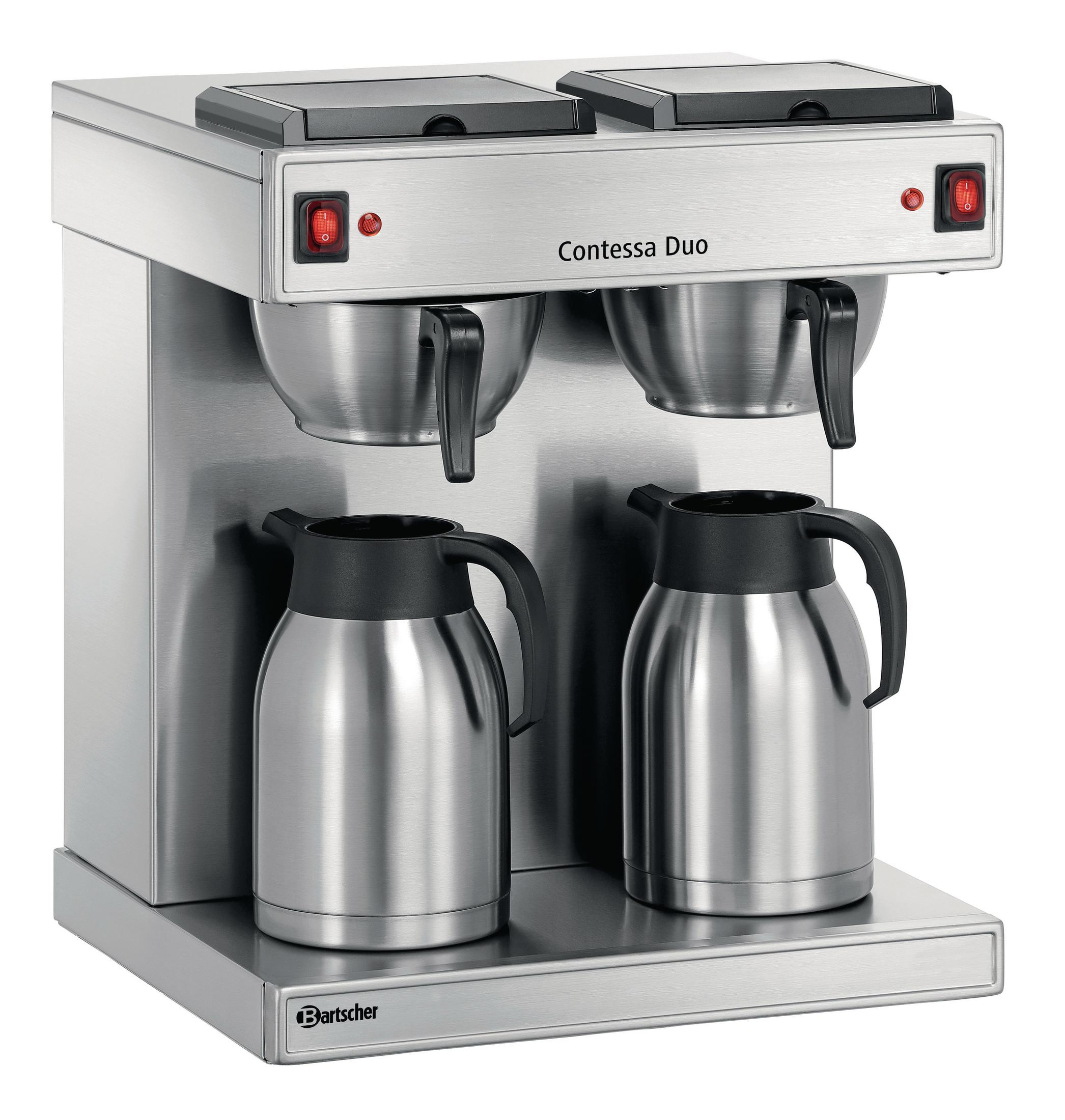Macchina da caffè in acciaio inox con due caraffe e due elementi riscaldanti.