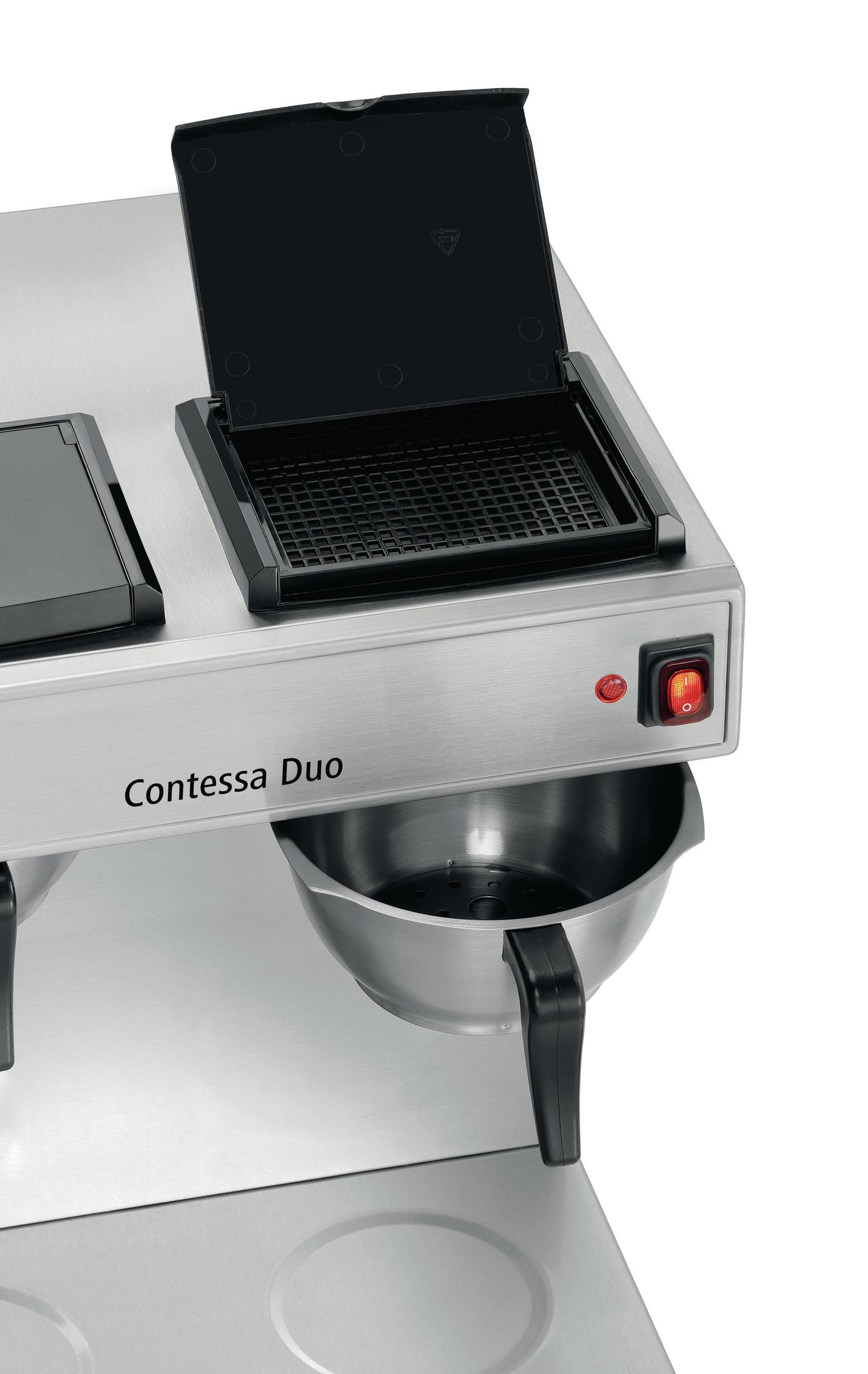 Macchina da caffè Contessa Duo in acciaio inossidabile con coperchio aperto e vassoio nero.
