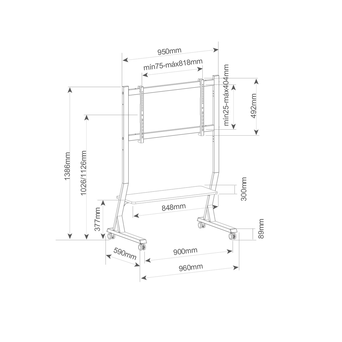 Un diagrama de un soporte de TV, con medidas y dimensiones etiquetadas en milímetros.