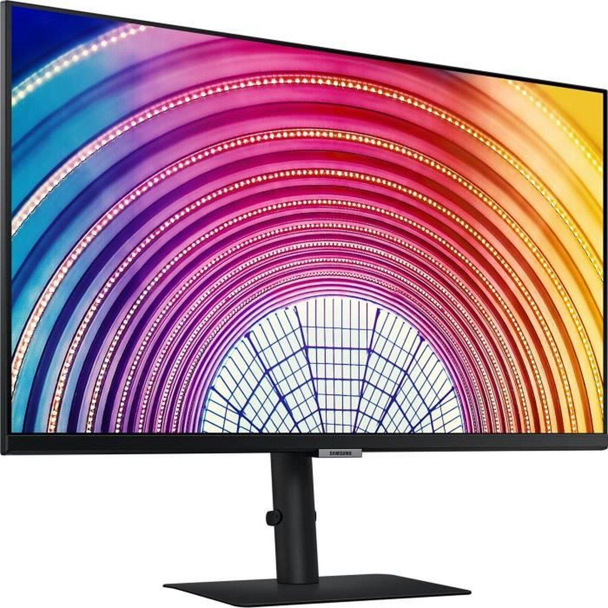 Un monitor negro muestra un diseño abstracto colorido. Está sobre un soporte negro, ligeramente inclinado.