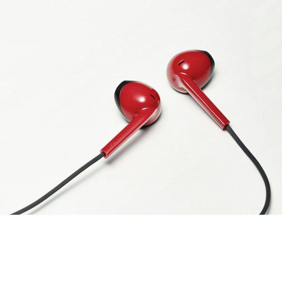 Dwa czerwone słuchawki z czarnymi końcówkami podłączone do czarnego przewodu, na białym tle.