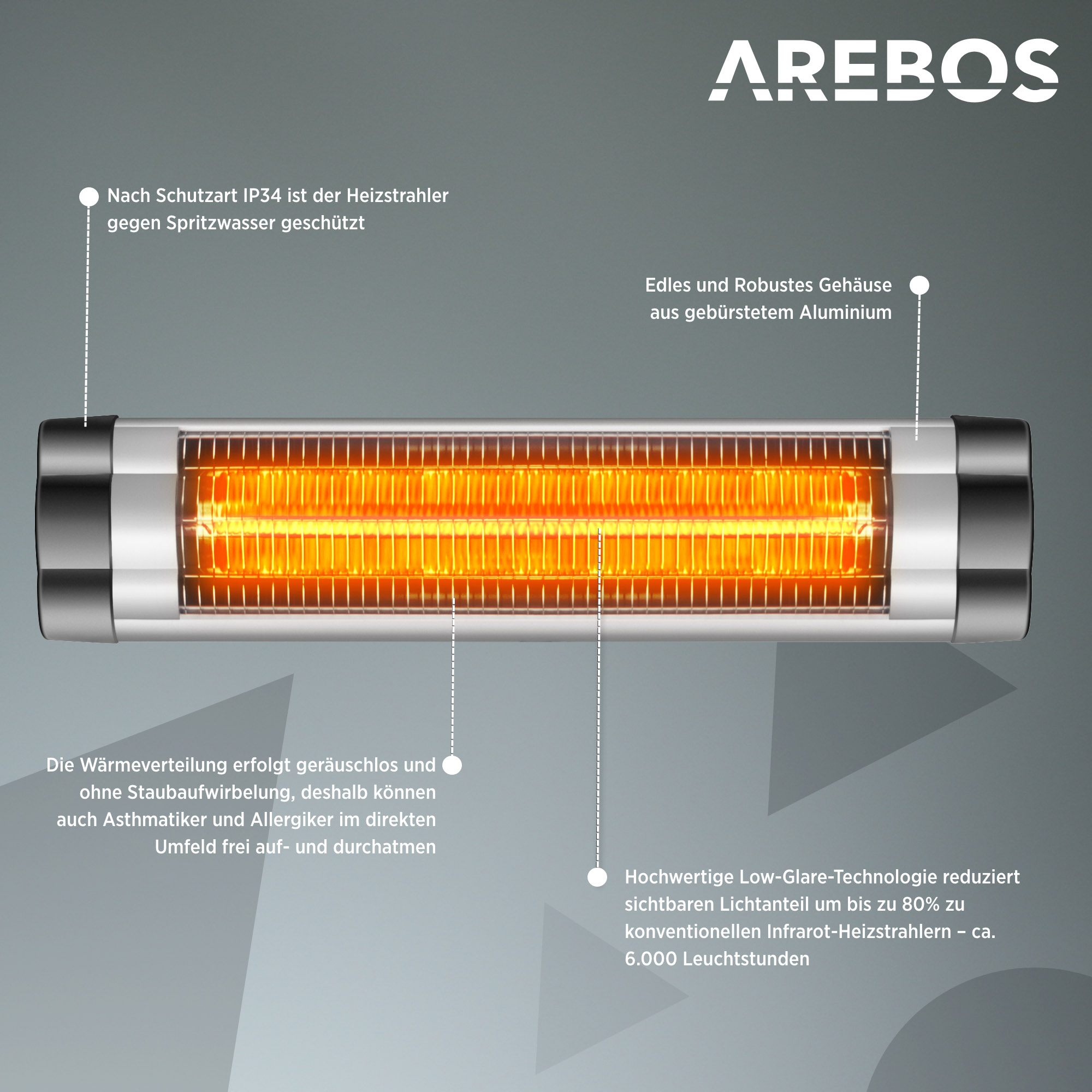 AREBOS | Stufenlos Montagematerial Infrarot inkl. regulierbar Heizstrahler, Silber 